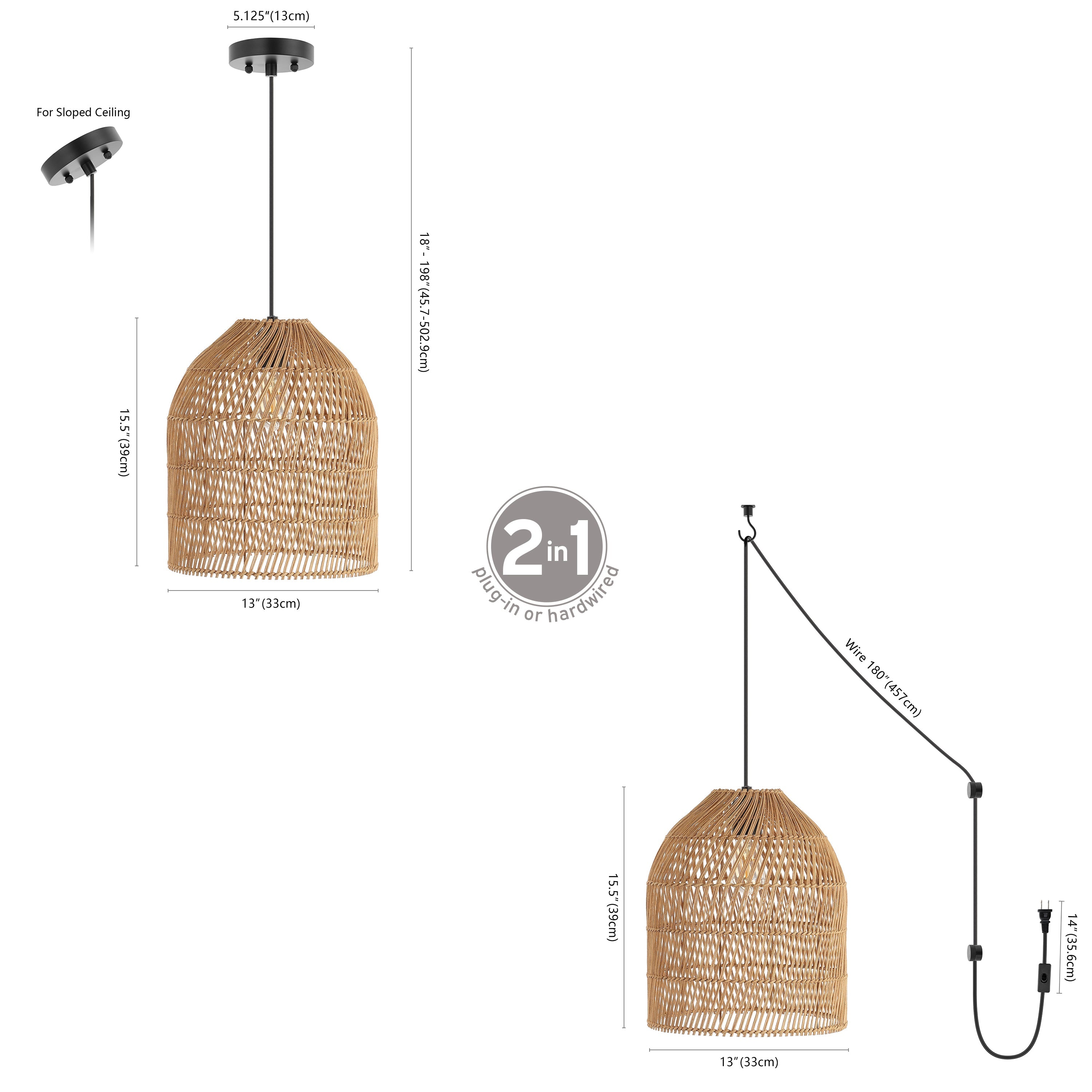 Koda 1-Light Farmhouse Coastal Bohemian Rattan 180" Cord Plug-In or Hardwired LED Pendant