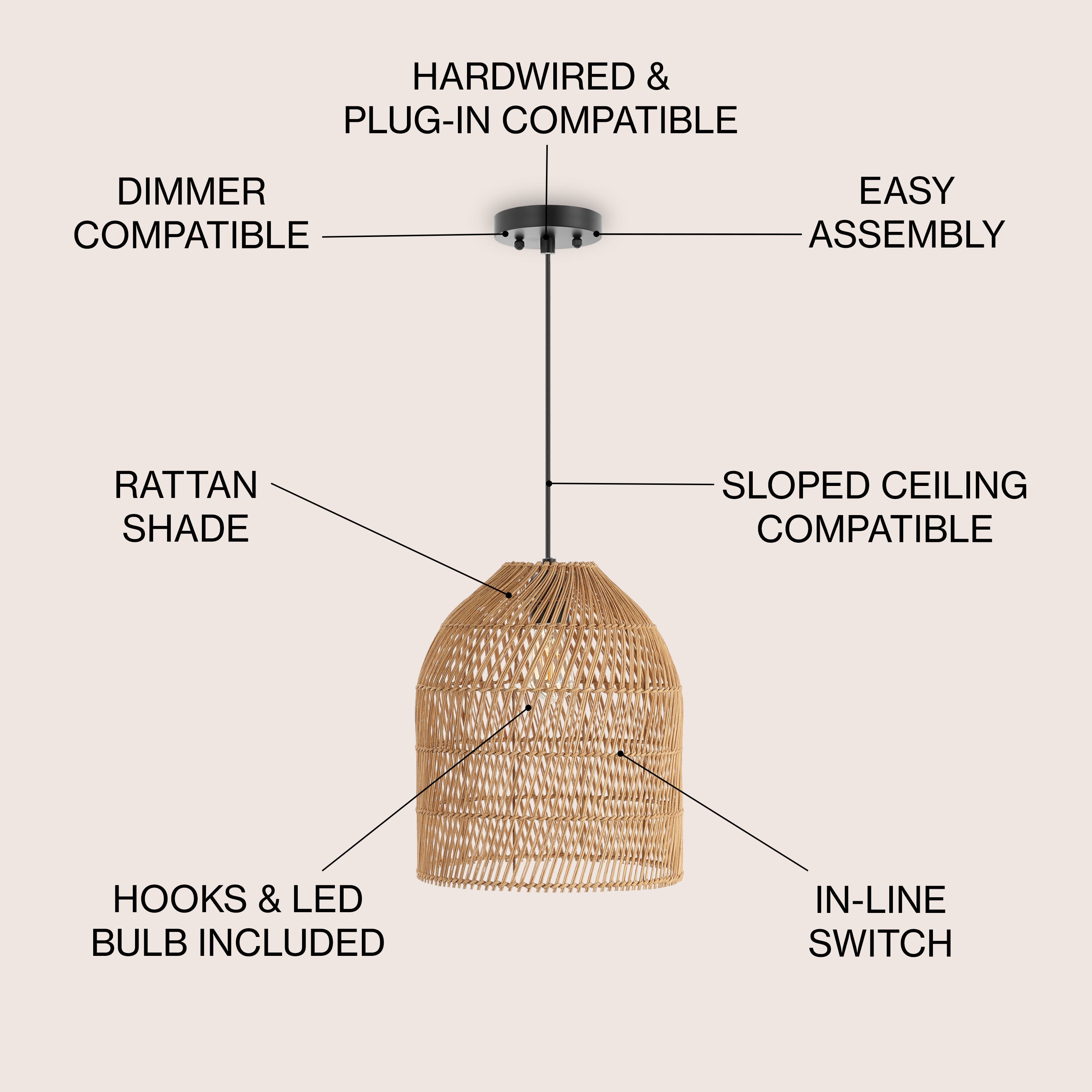 Koda 1-Light Farmhouse Coastal Bohemian Rattan 180" Cord Plug-In or Hardwired LED Pendant