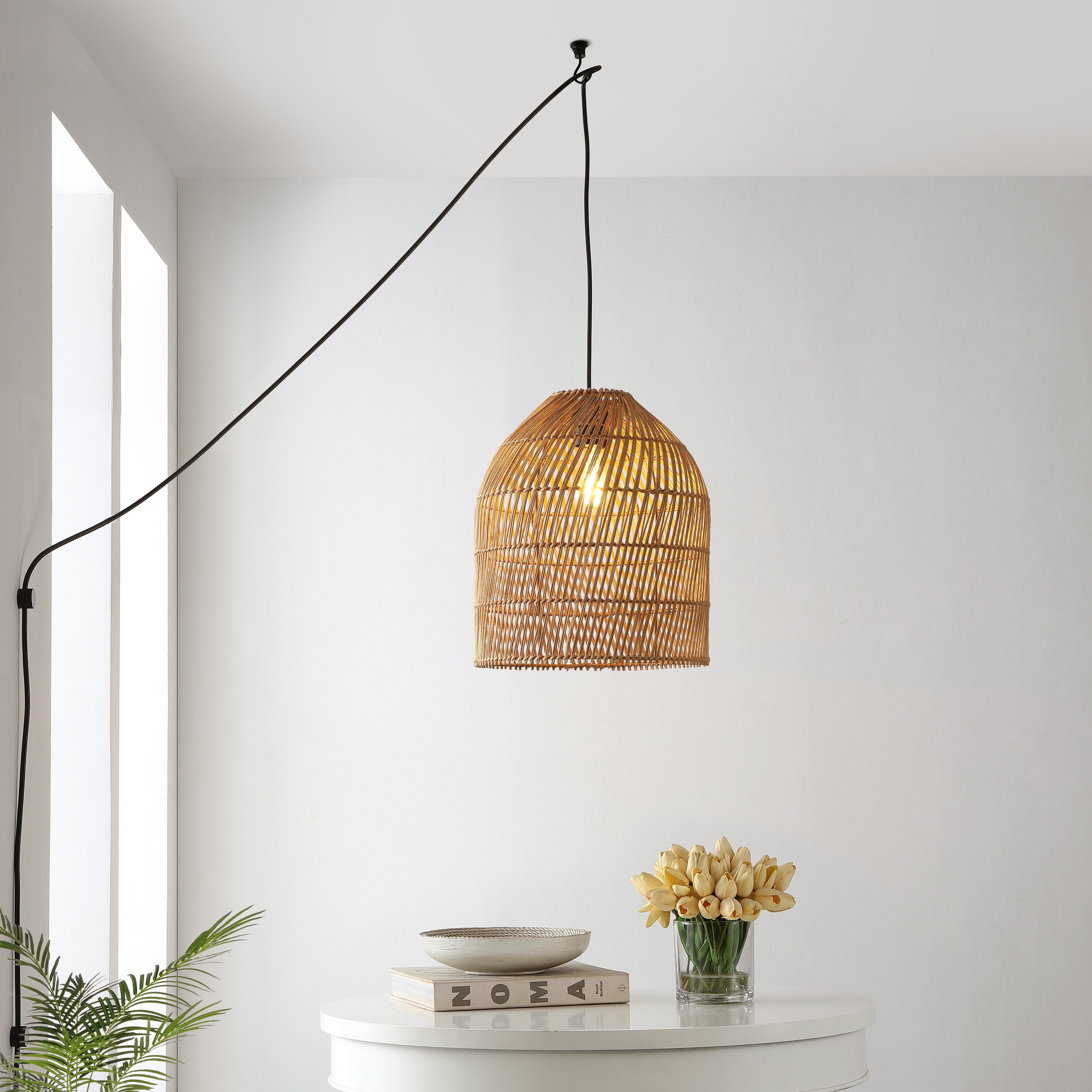 Koda 1-Light Farmhouse Coastal Bohemian Rattan 180" Cord Plug-In or Hardwired LED Pendant