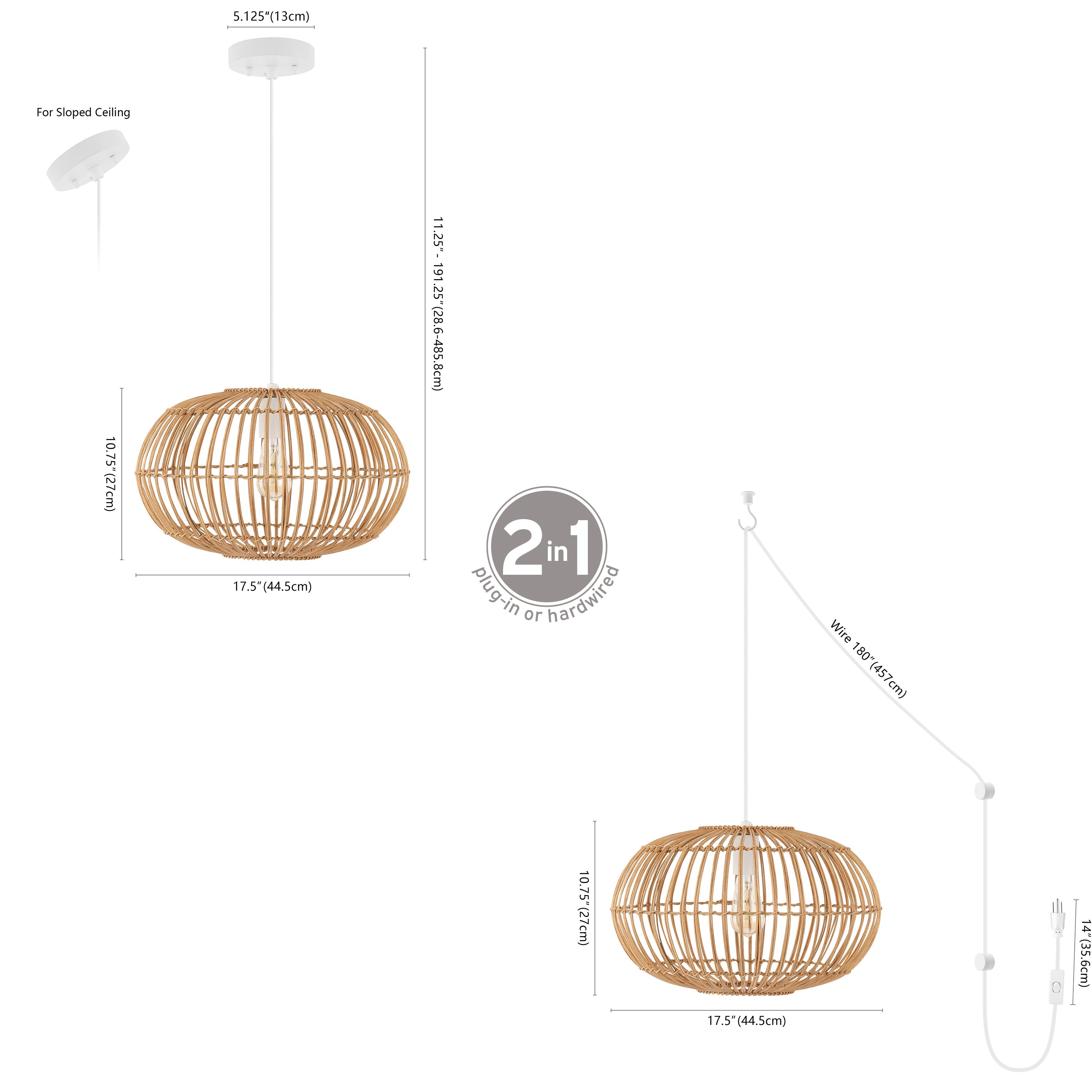 Leo 1-Light Farmhouse Coastal Rattan 180" Cord Plug-In or Hardwired LED Pendant