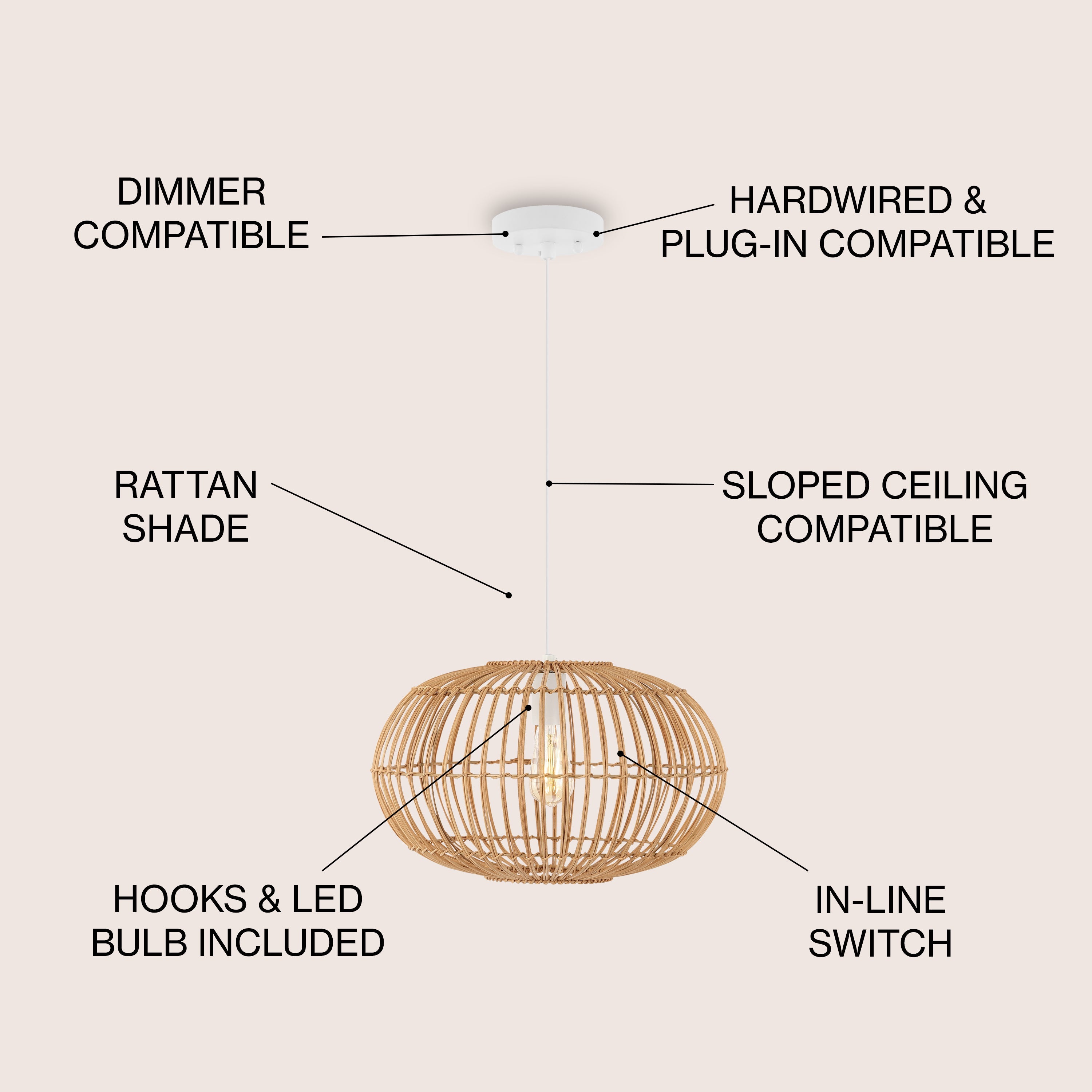 Leo 1-Light Farmhouse Coastal Rattan 180" Cord Plug-In or Hardwired LED Pendant