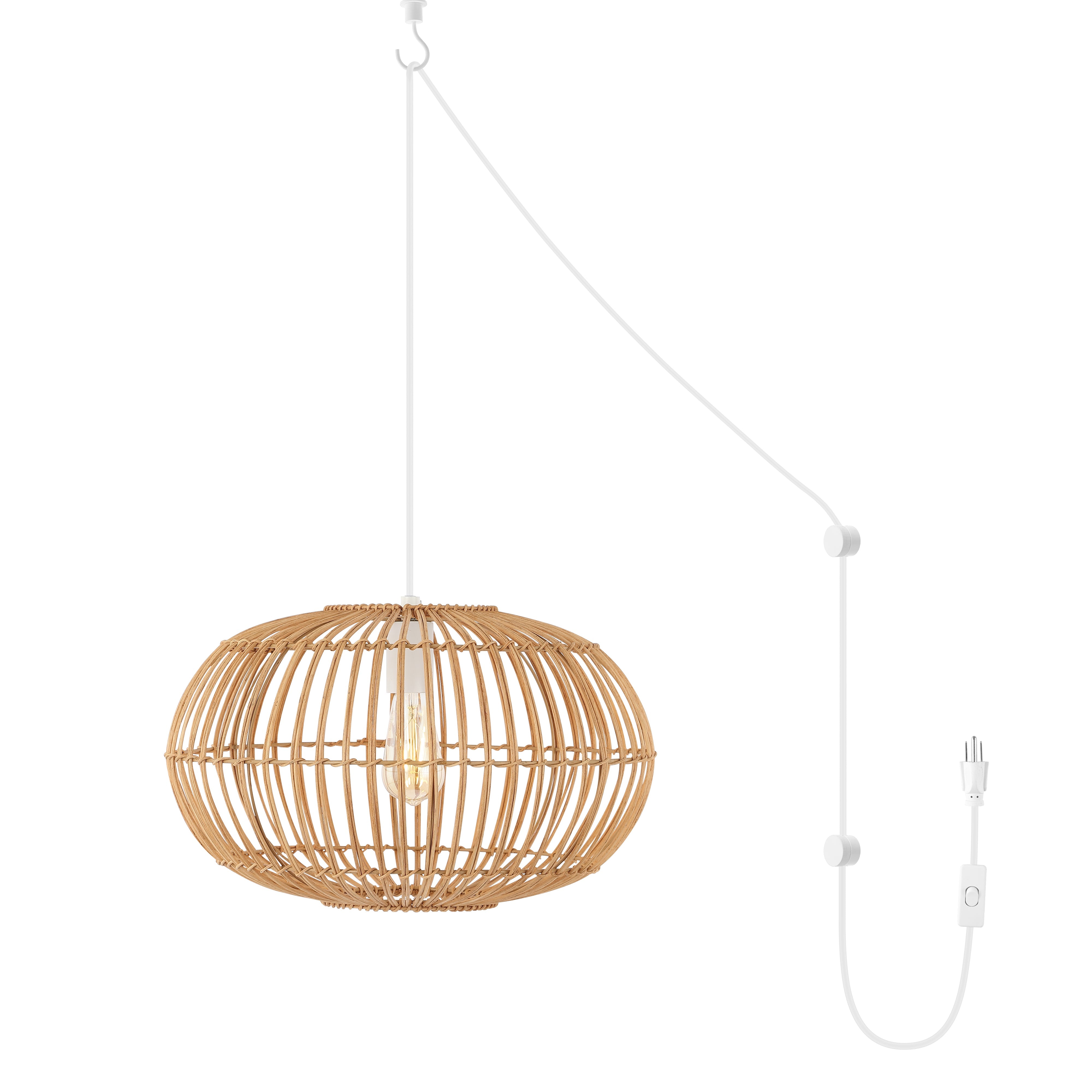 Leo 1-Light Farmhouse Coastal Rattan 180" Cord Plug-In or Hardwired LED Pendant