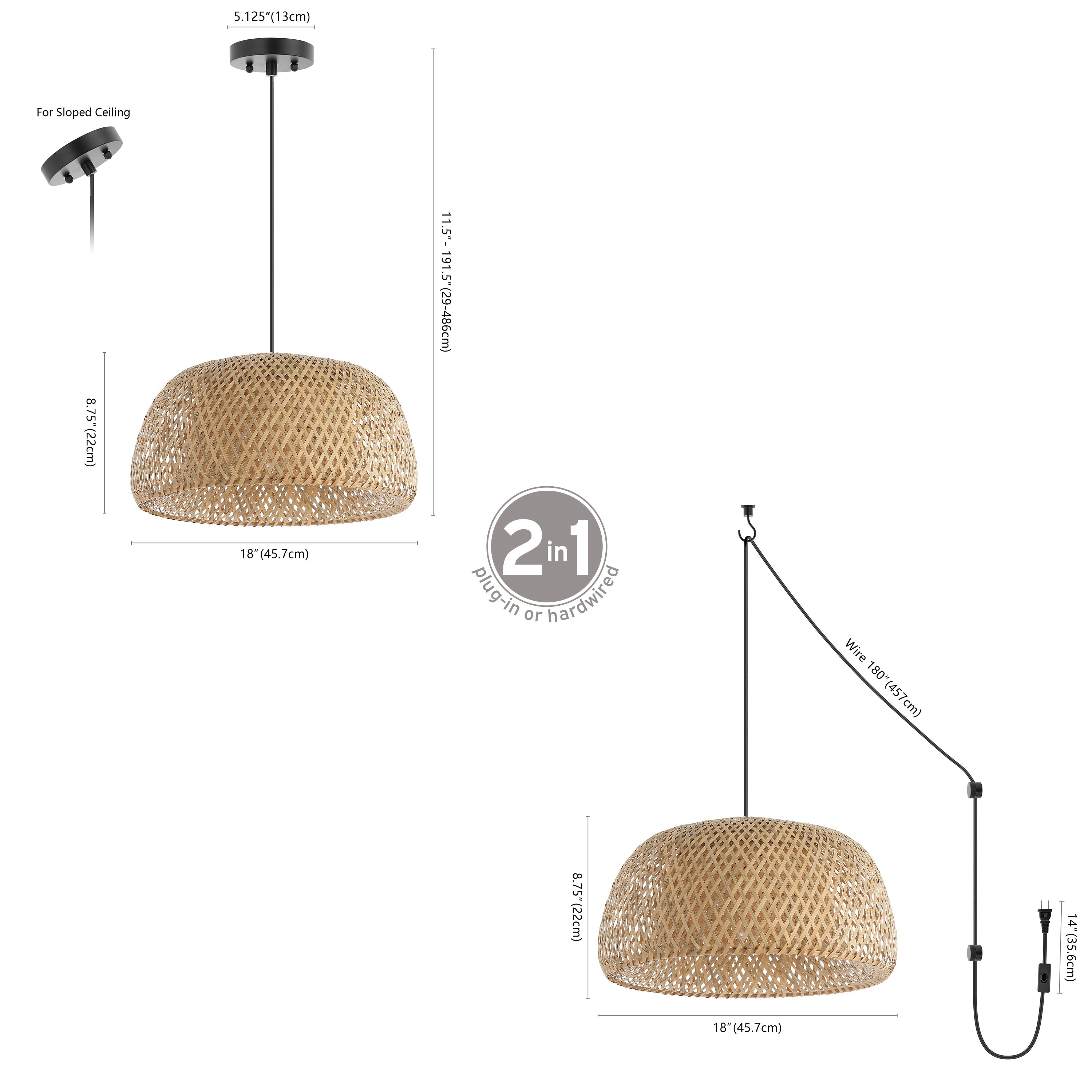 Mateo 1-Light Farmhouse Coastal Bamboo 180" Cord Plug-In or Hardwired LED Pendant