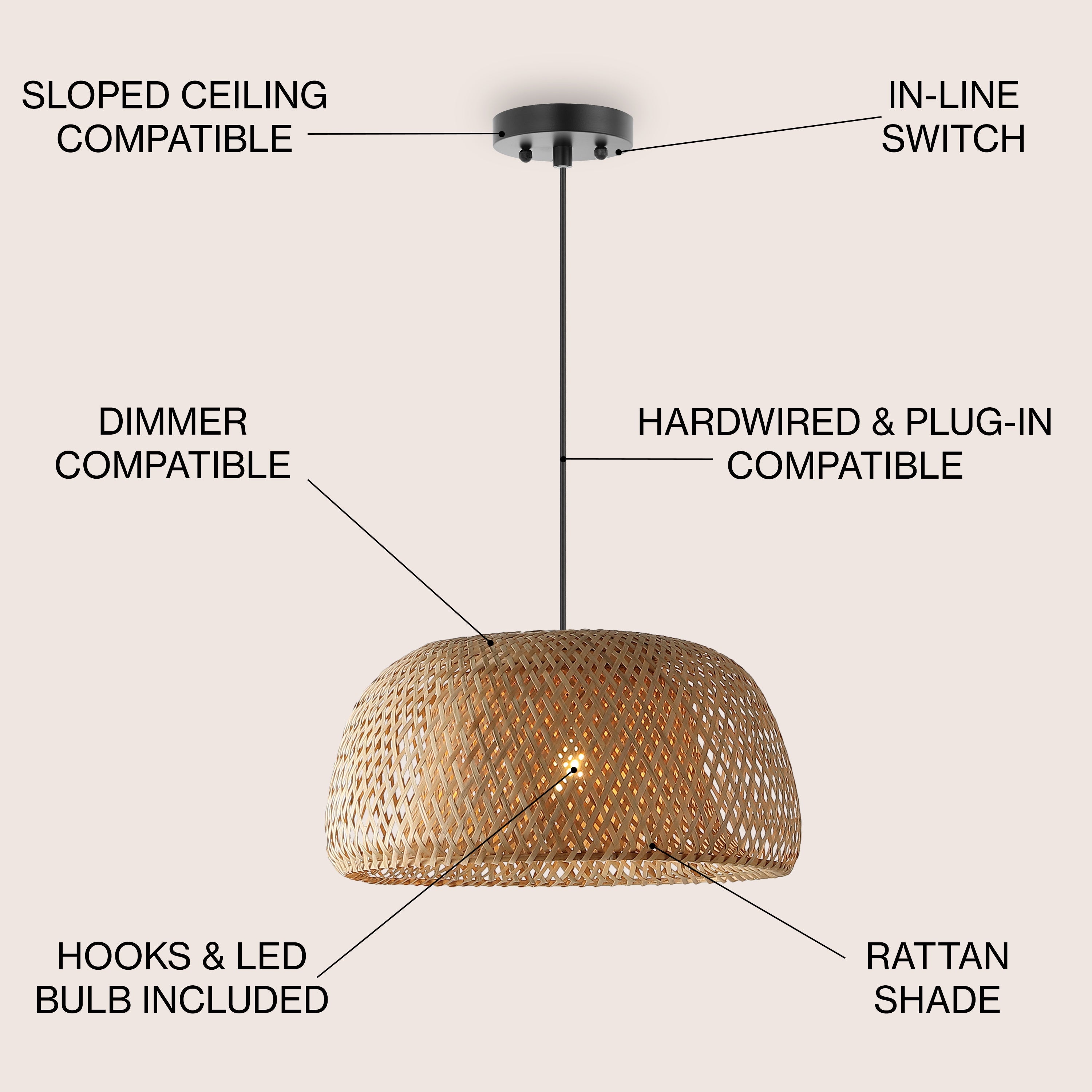 Mateo 1-Light Farmhouse Coastal Bamboo 180" Cord Plug-In or Hardwired LED Pendant