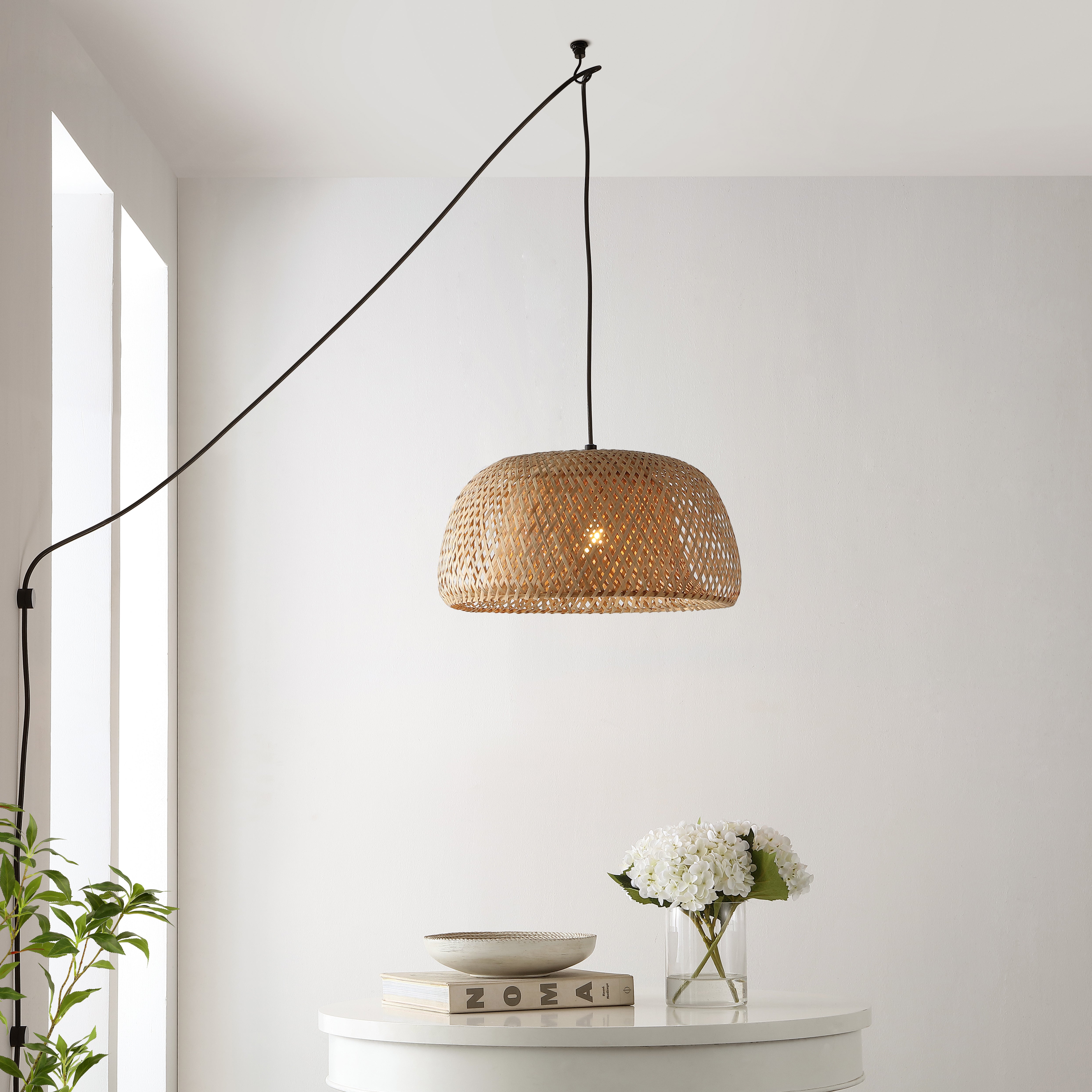 Mateo 1-Light Farmhouse Coastal Bamboo 180" Cord Plug-In or Hardwired LED Pendant