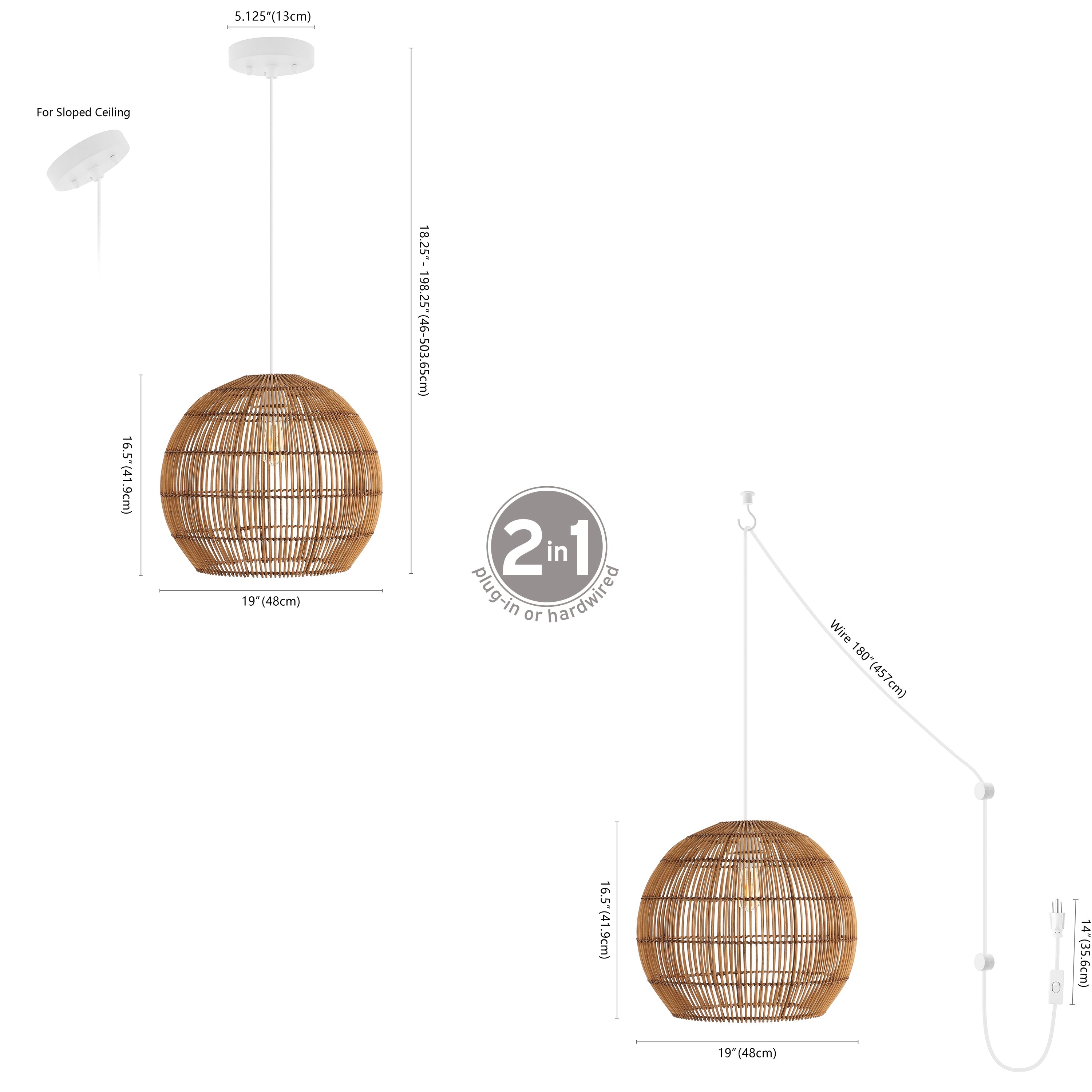 Raya 1-Light Farmhouse Coastal Rattan 180" Cord Plug-In or Hardwired LED Pendant