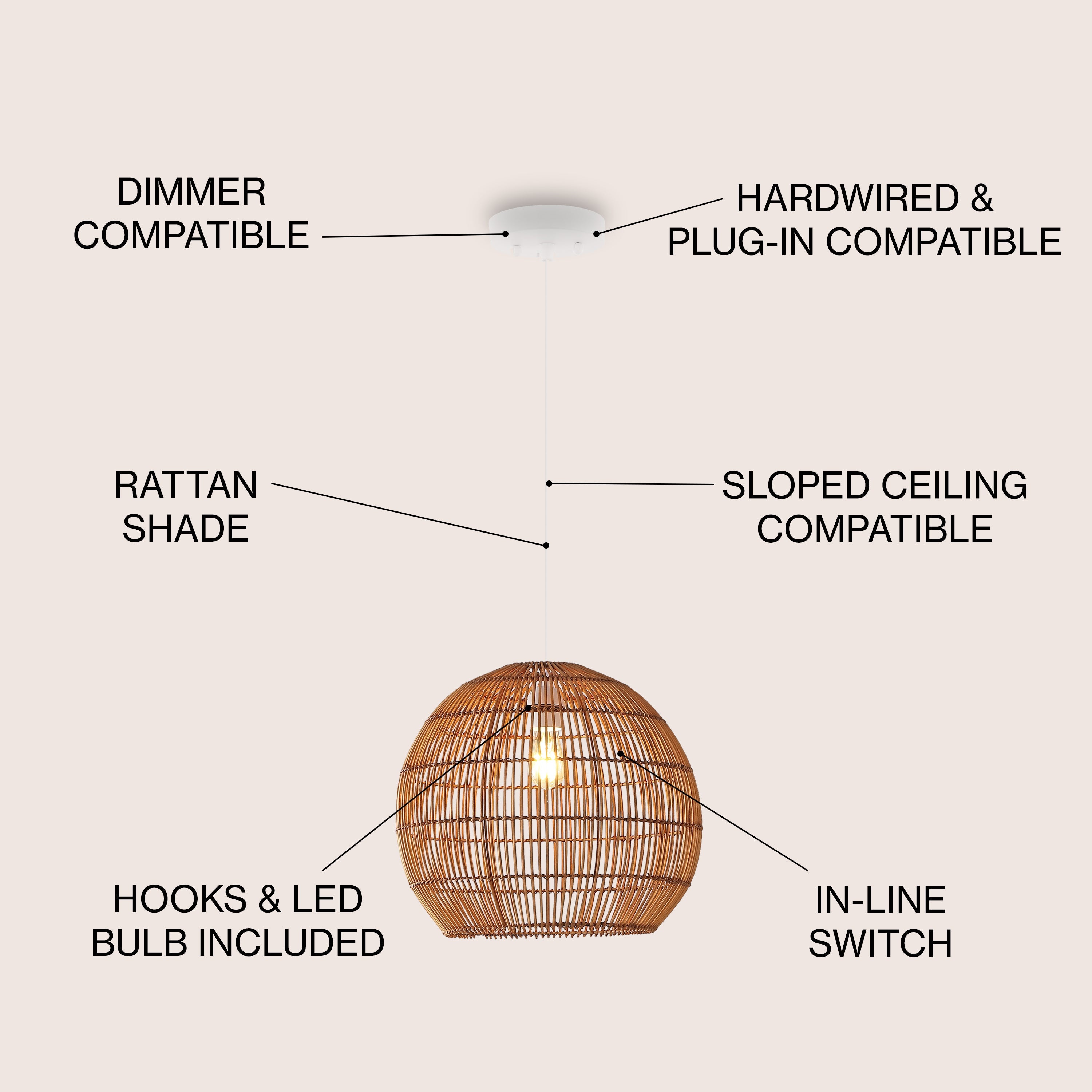 Raya 1-Light Farmhouse Coastal Rattan 180" Cord Plug-In or Hardwired LED Pendant