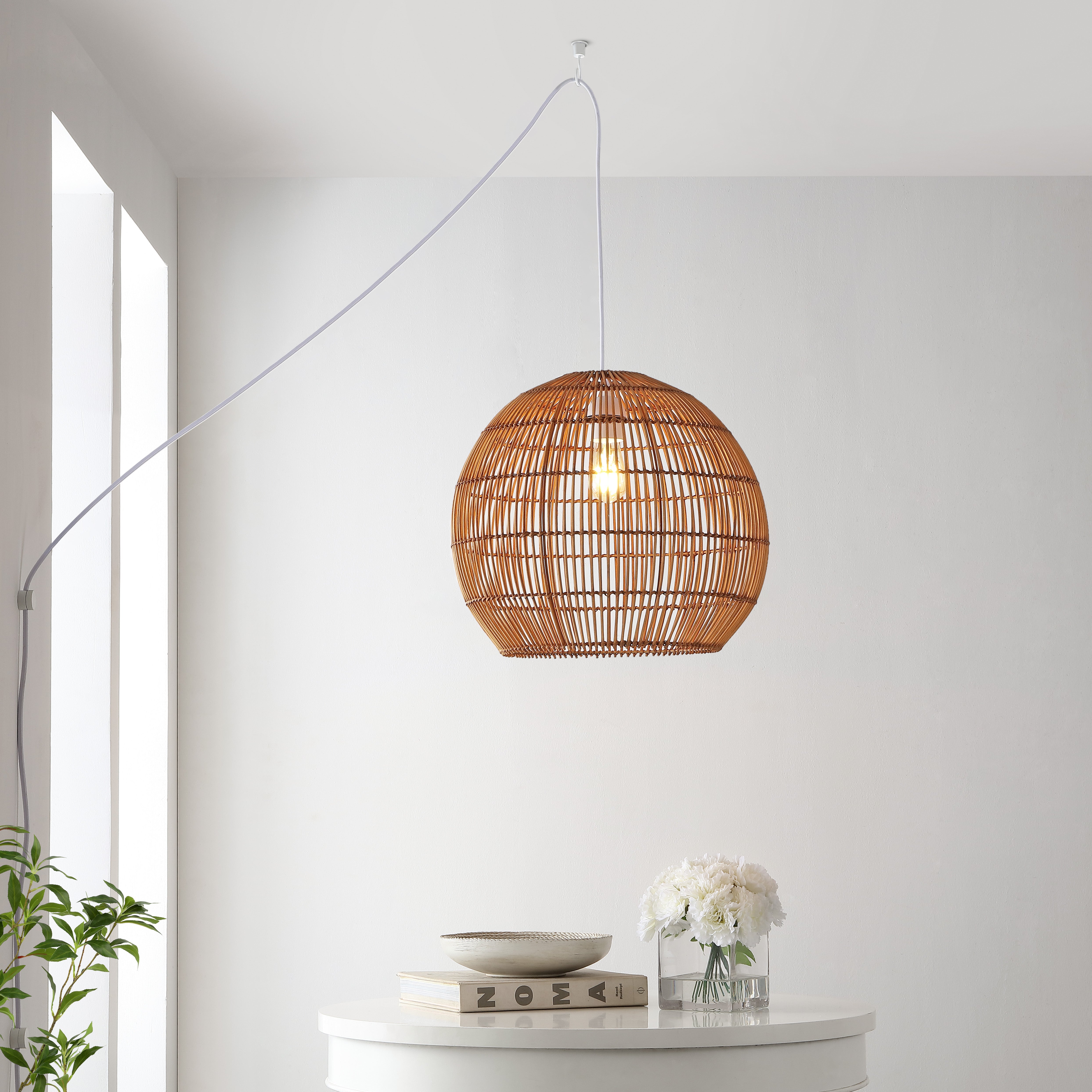 Raya 1-Light Farmhouse Coastal Rattan 180" Cord Plug-In or Hardwired LED Pendant