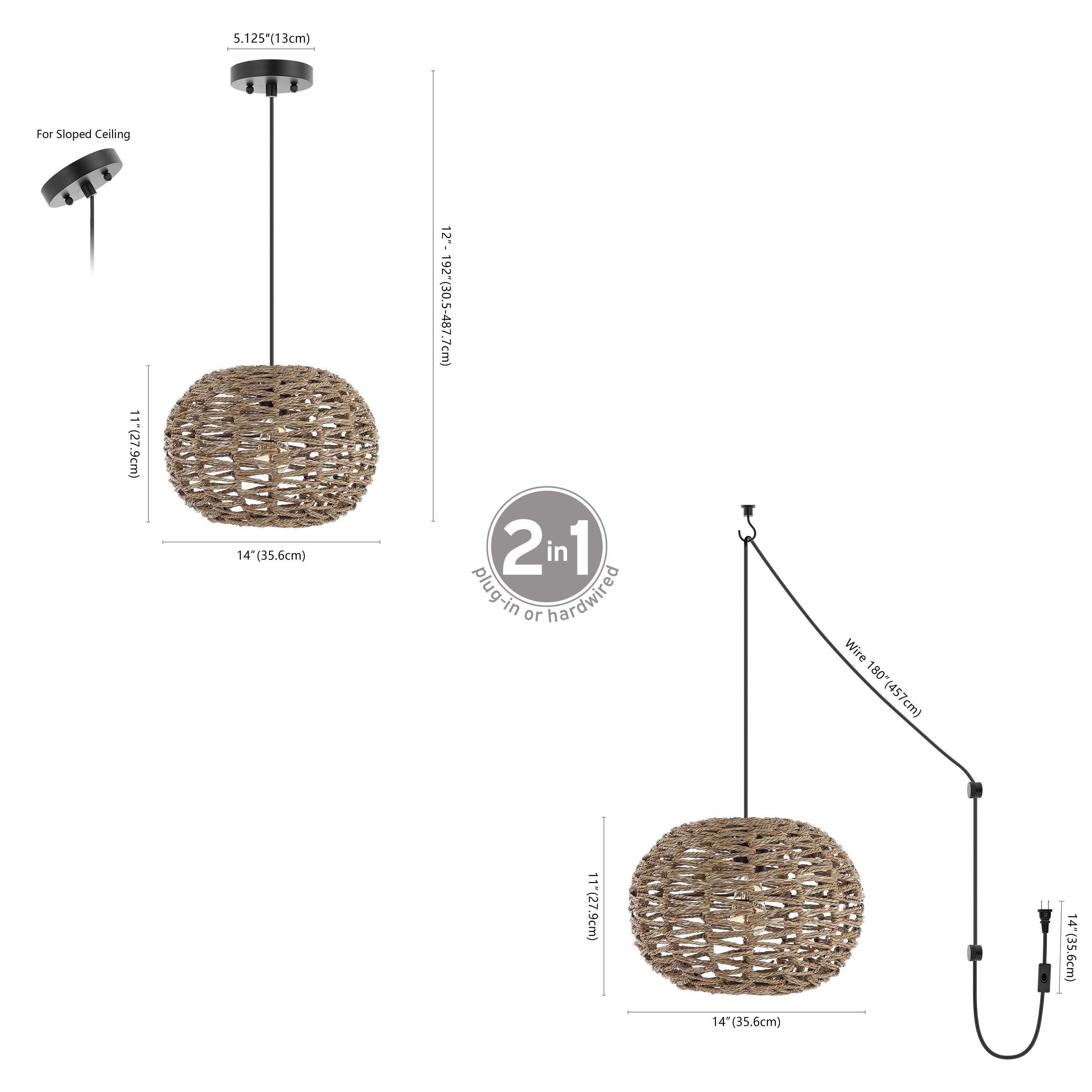 Isla 1-Light Farmhouse Coastal Rattan 180" Cord Plug-In or Hardwired LED Pendant