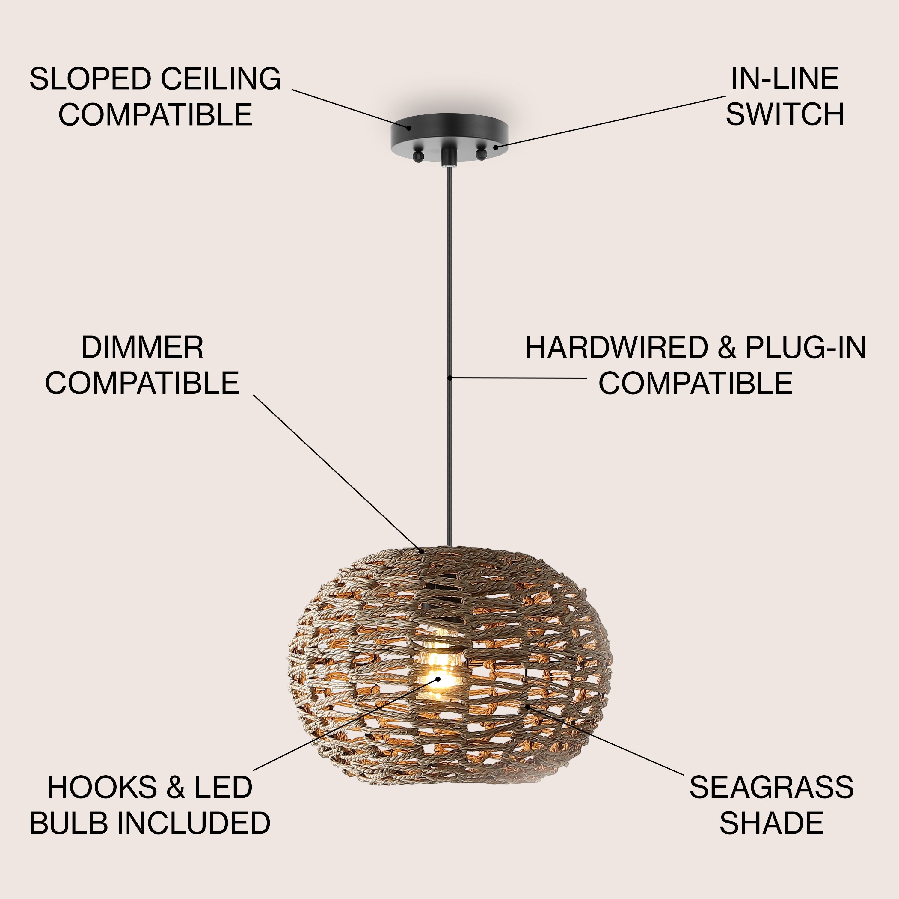 Isla 1-Light Farmhouse Coastal Rattan 180" Cord Plug-In or Hardwired LED Pendant