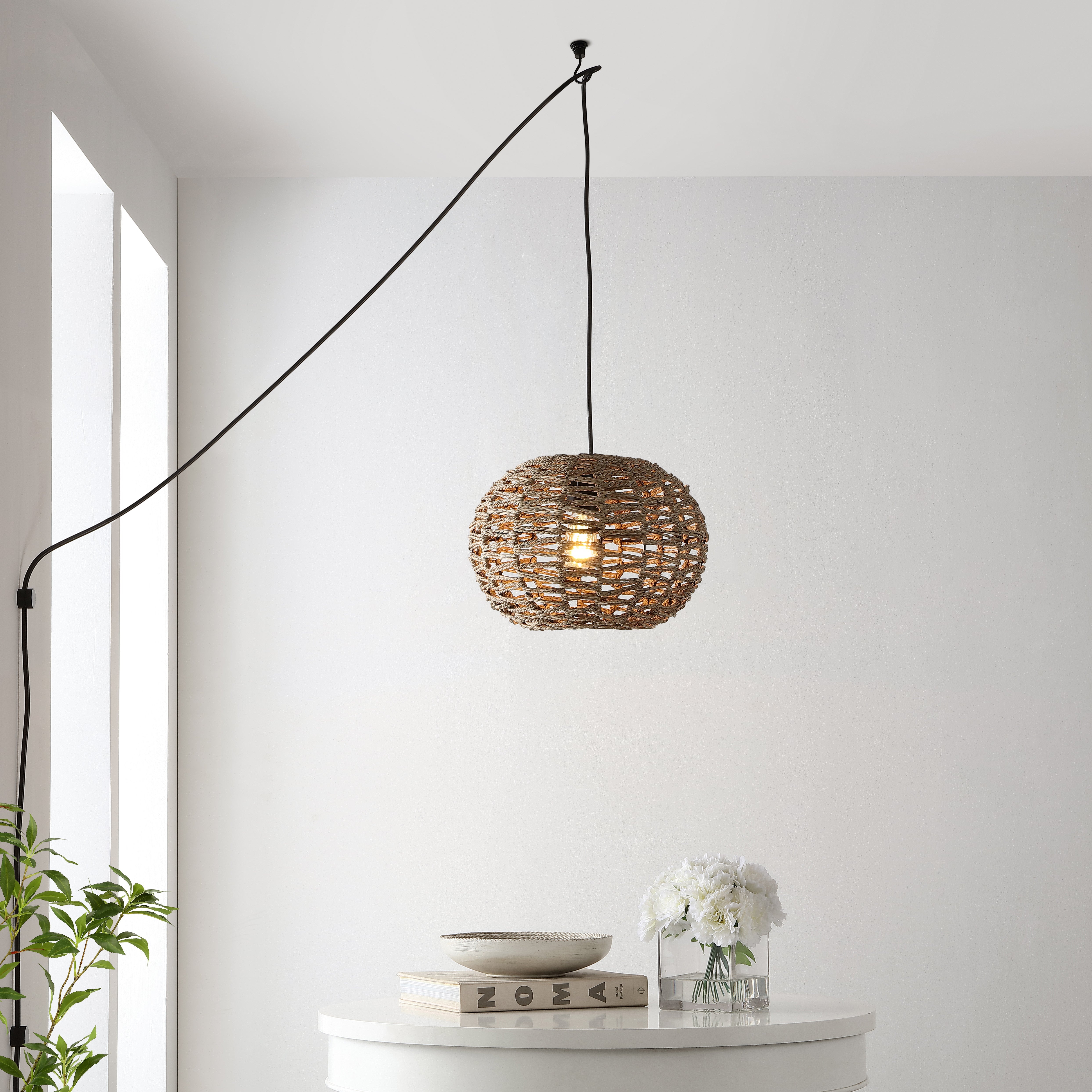 Isla 1-Light Farmhouse Coastal Rattan 180" Cord Plug-In or Hardwired LED Pendant