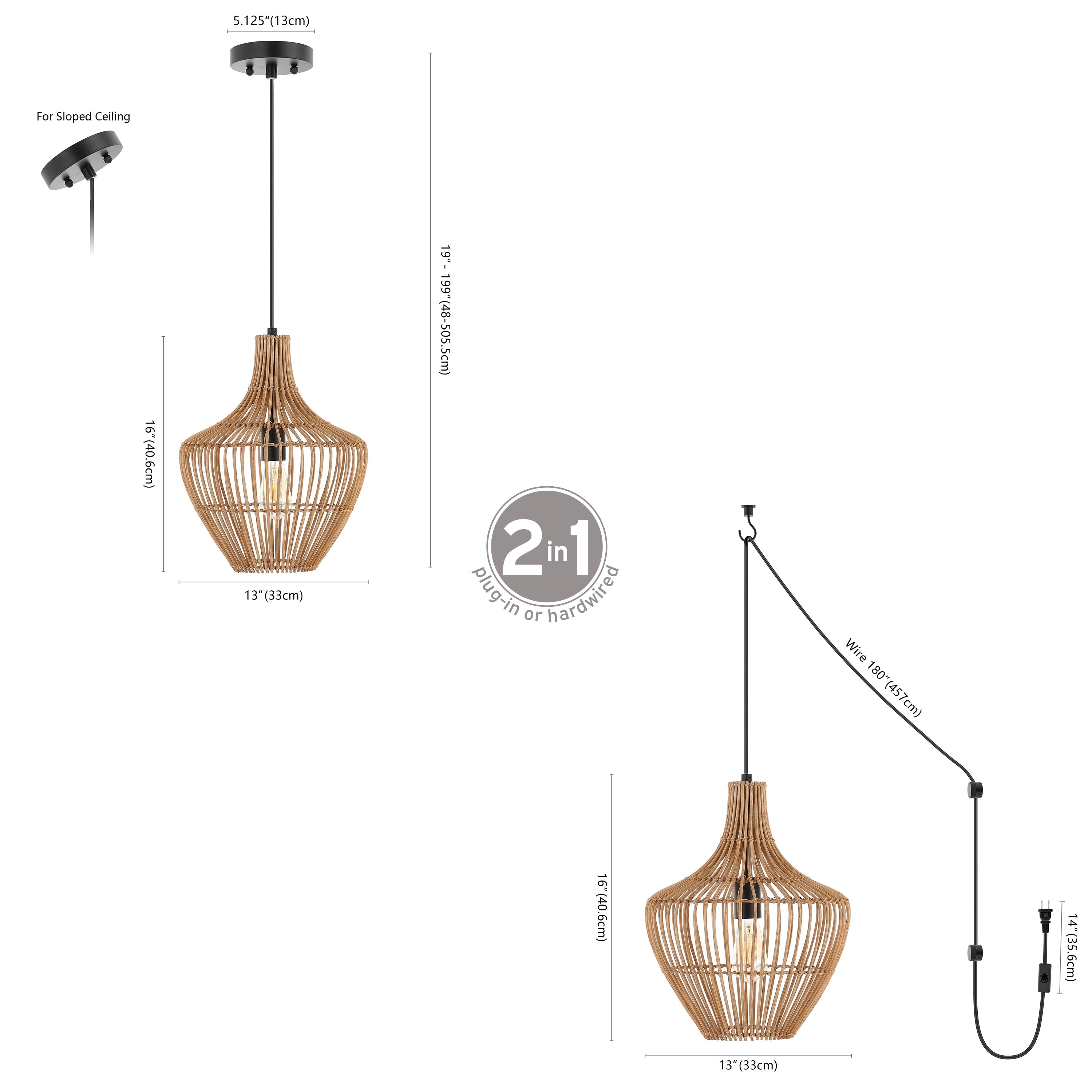 Lucas 1-Light Farmhouse Coastal Rattan 180" Cord Plug-In or Hardwired LED Pendant