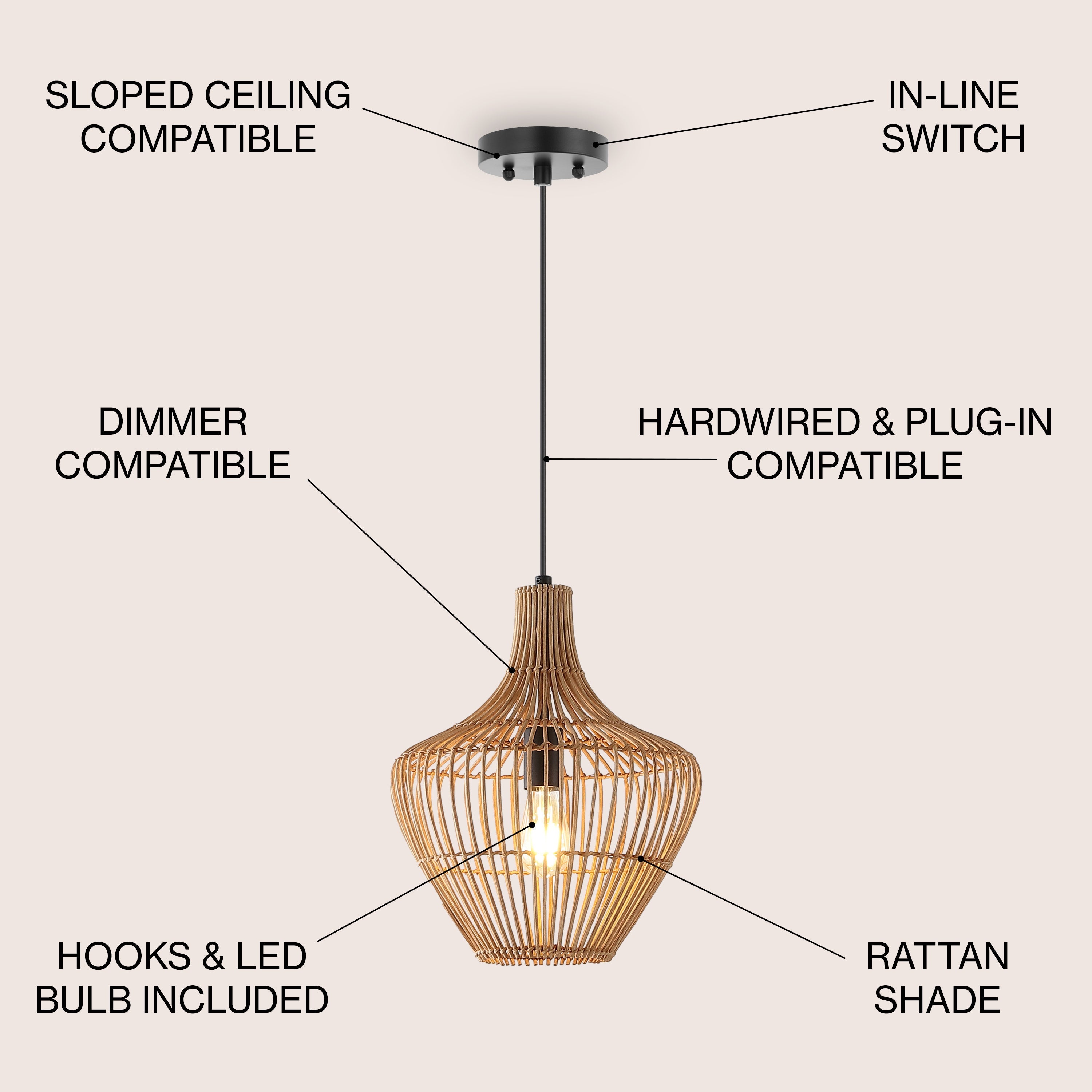 Lucas 1-Light Farmhouse Coastal Rattan 180" Cord Plug-In or Hardwired LED Pendant