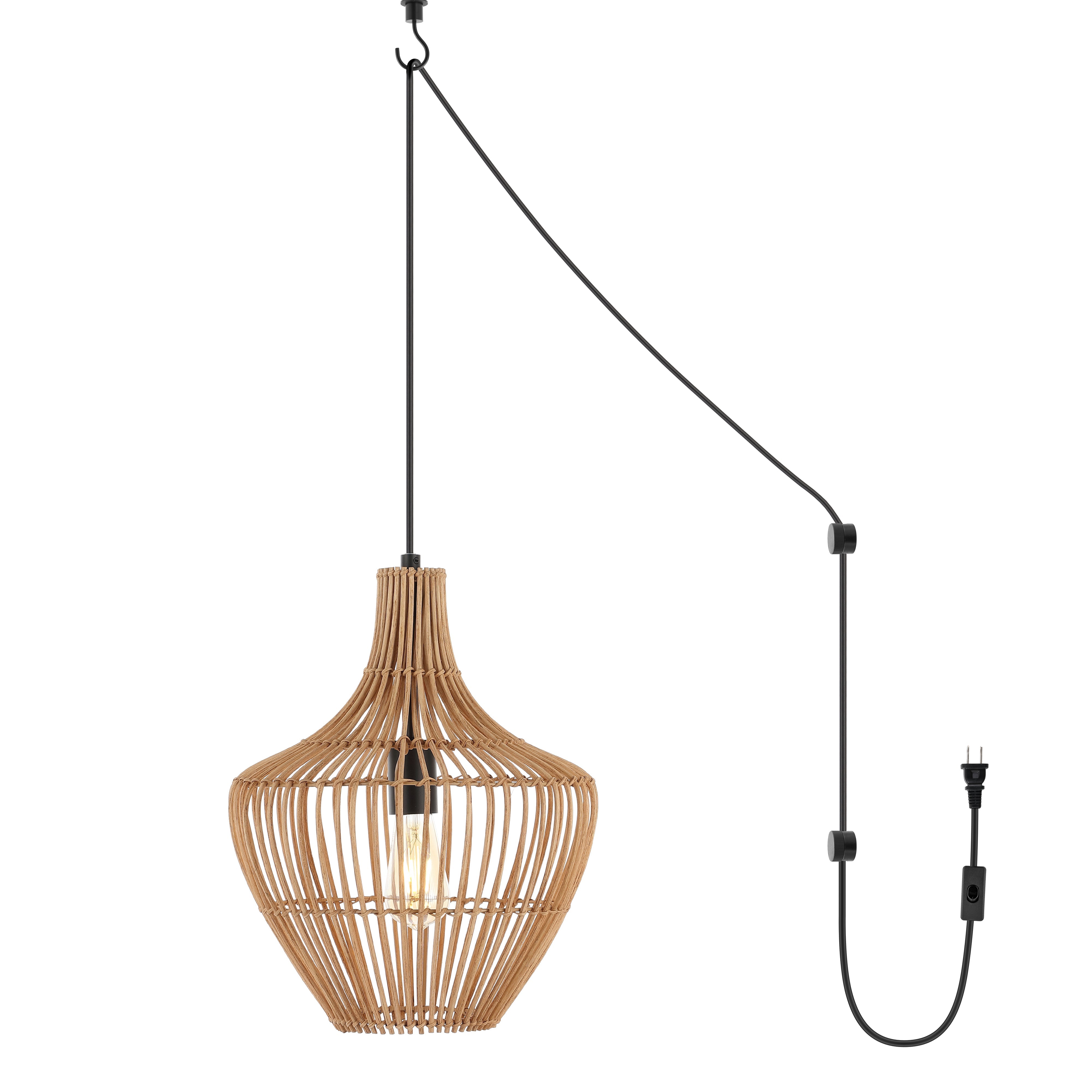 Lucas 1-Light Farmhouse Coastal Rattan 180" Cord Plug-In or Hardwired LED Pendant