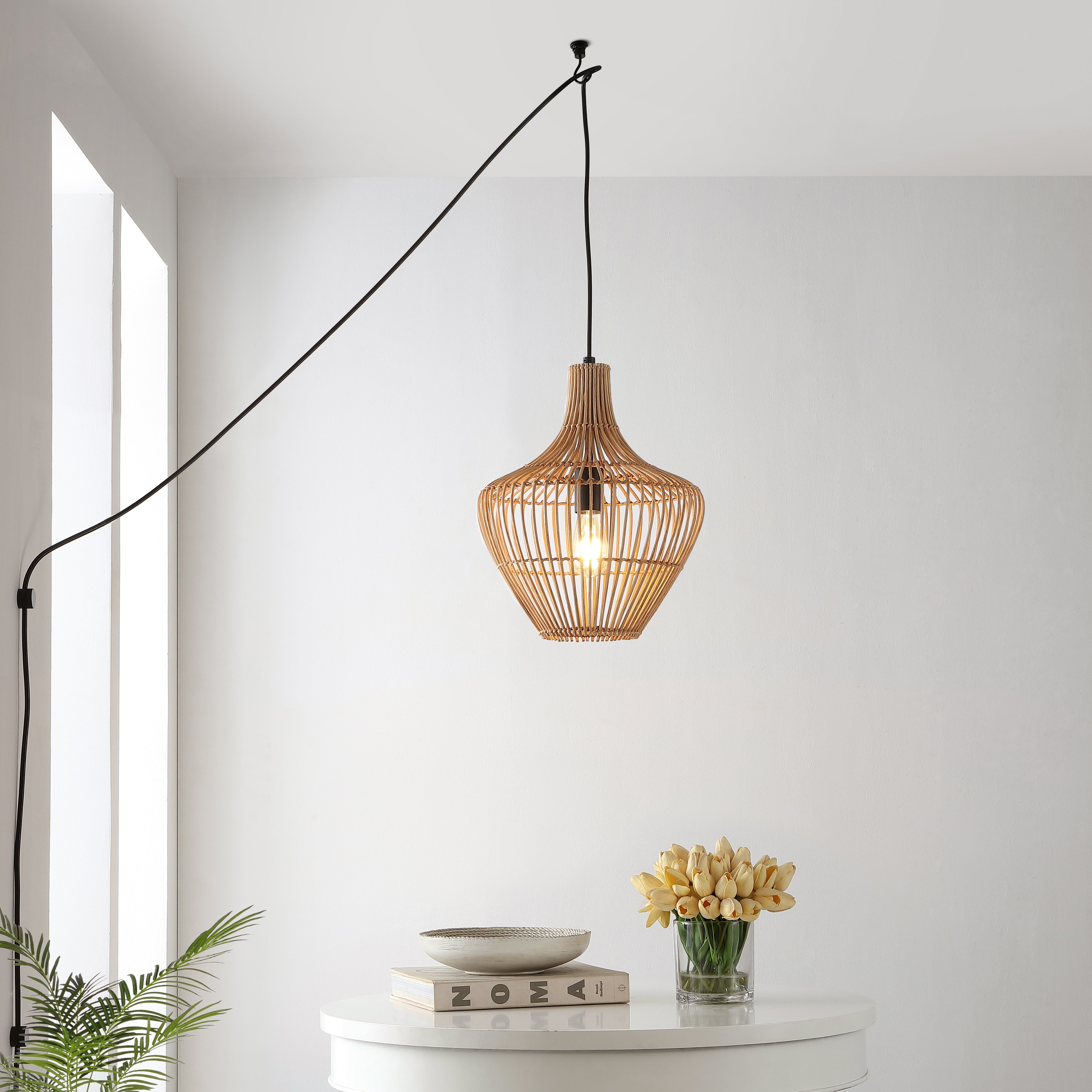 Lucas 1-Light Farmhouse Coastal Rattan 180" Cord Plug-In or Hardwired LED Pendant