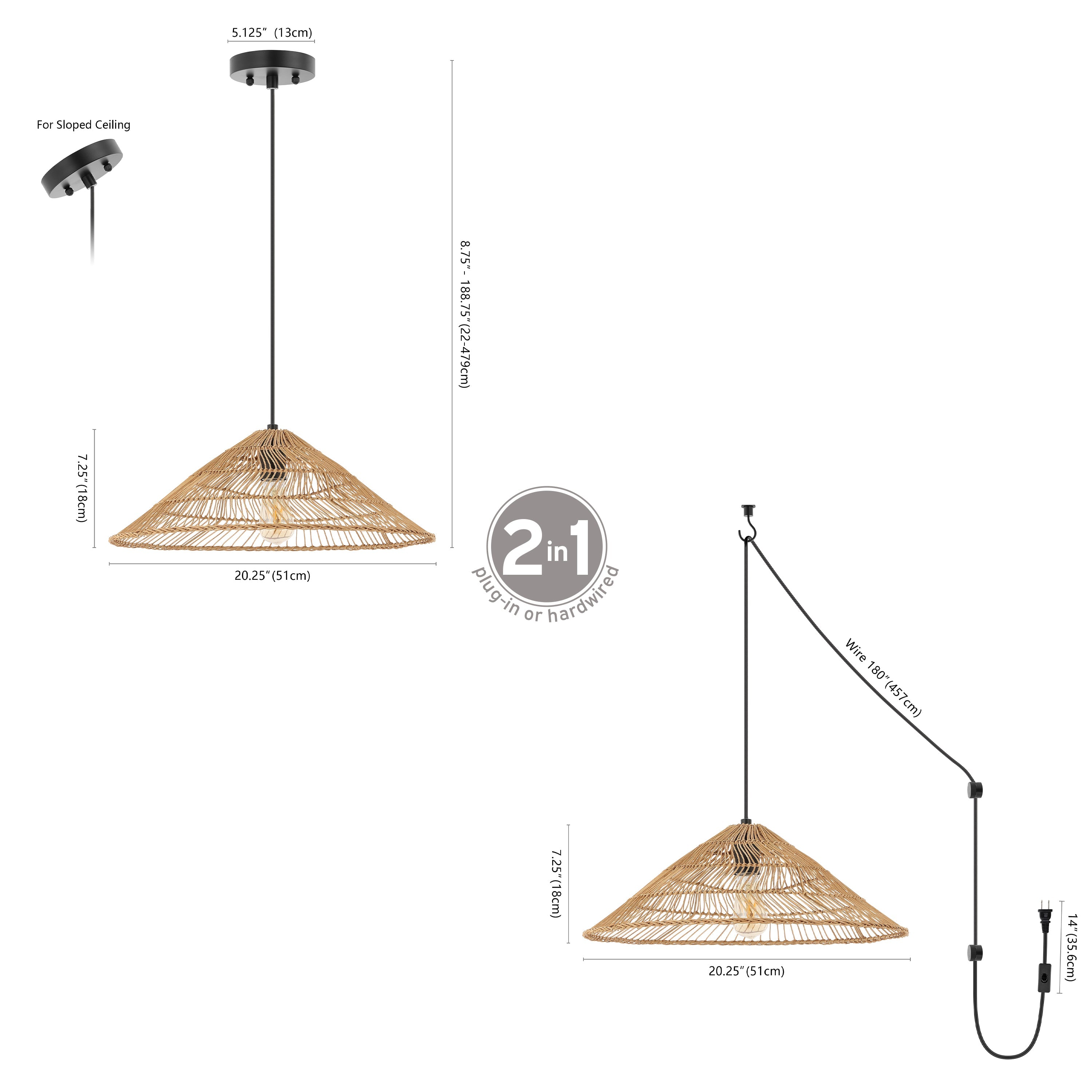 Nova 1-Light Farmhouse Coastal Rattan 180" Cord Plug-In or Hardwired LED Pendant