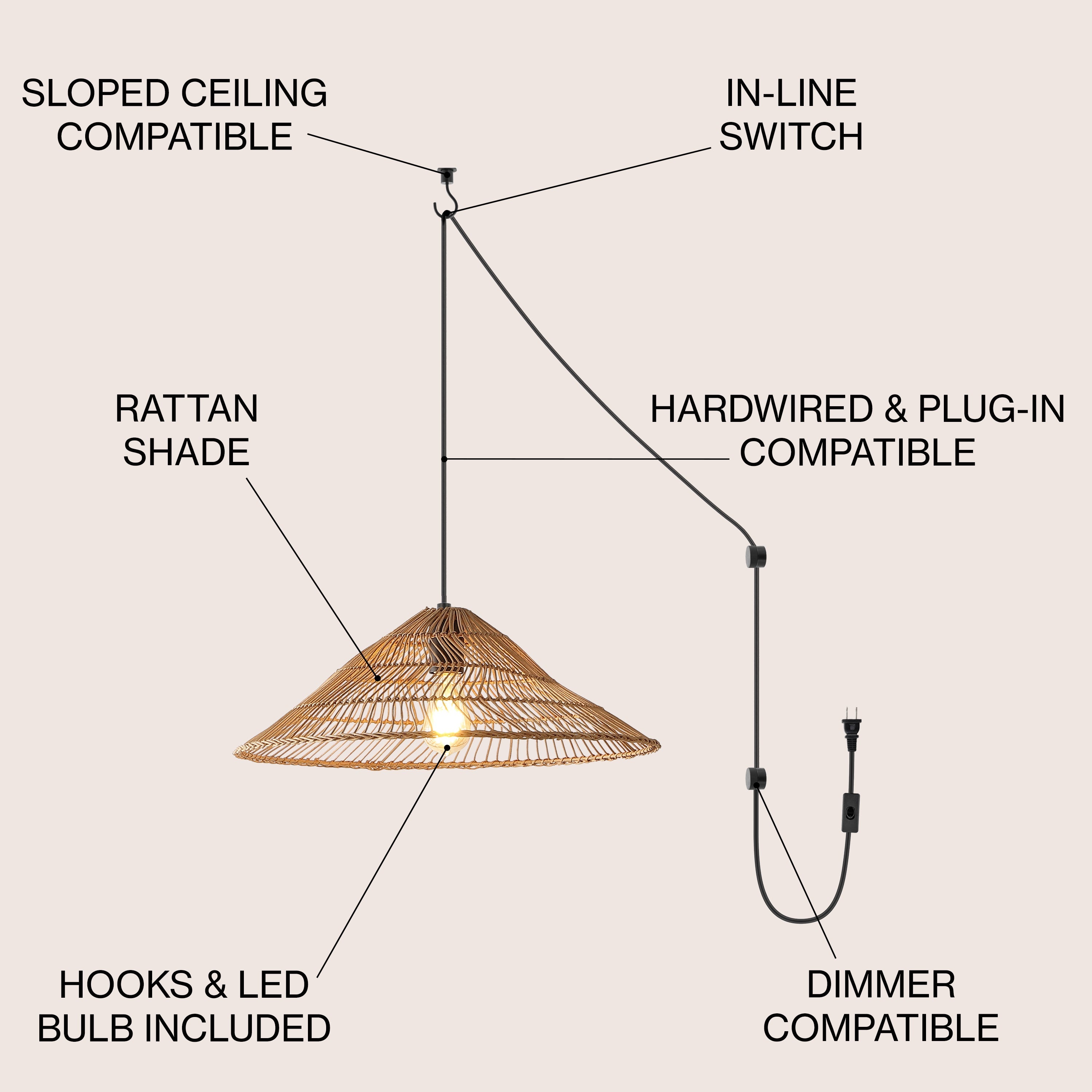 Nova 1-Light Farmhouse Coastal Rattan 180" Cord Plug-In or Hardwired LED Pendant