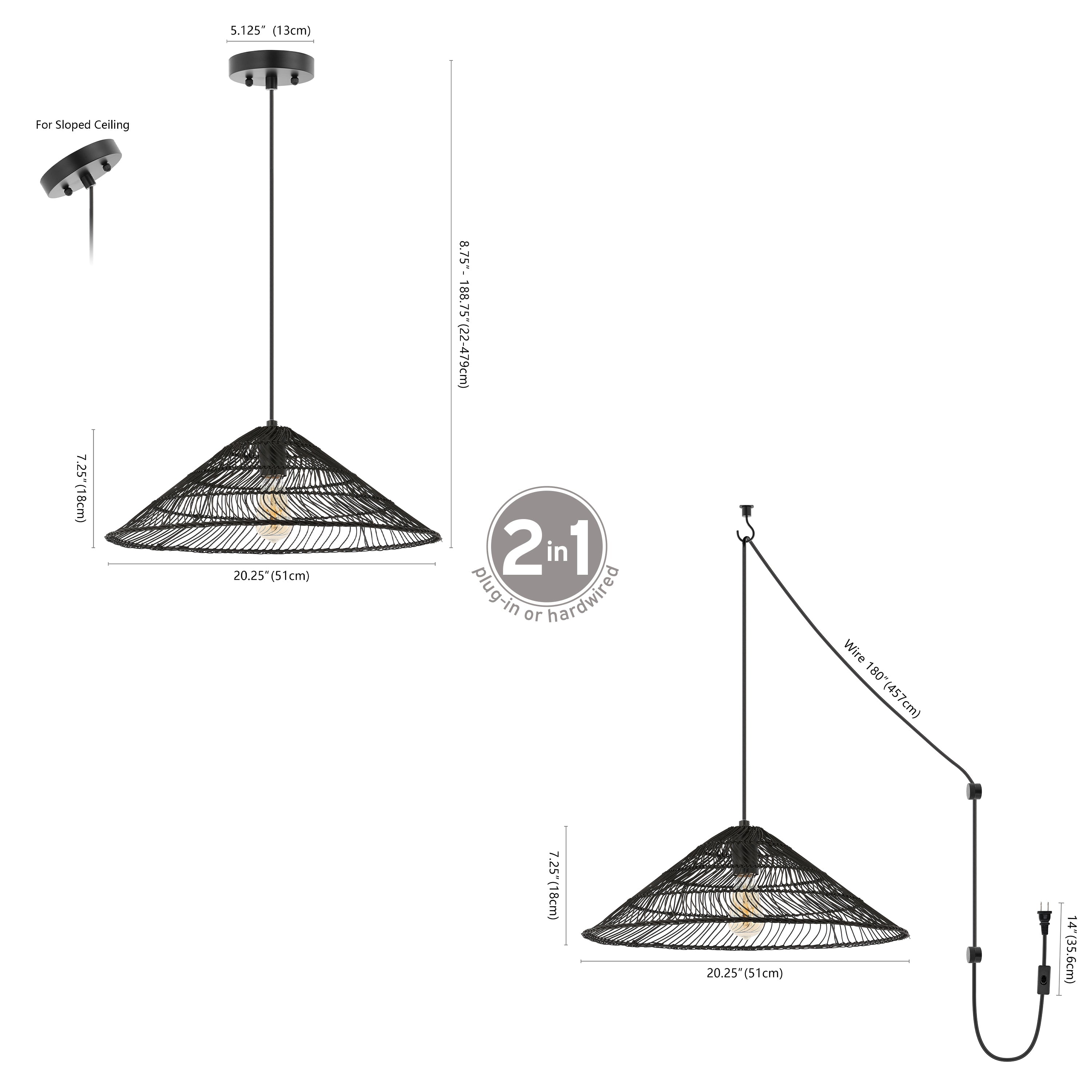 Nova 1-Light Farmhouse Coastal Rattan 180" Cord Plug-In or Hardwired LED Pendant