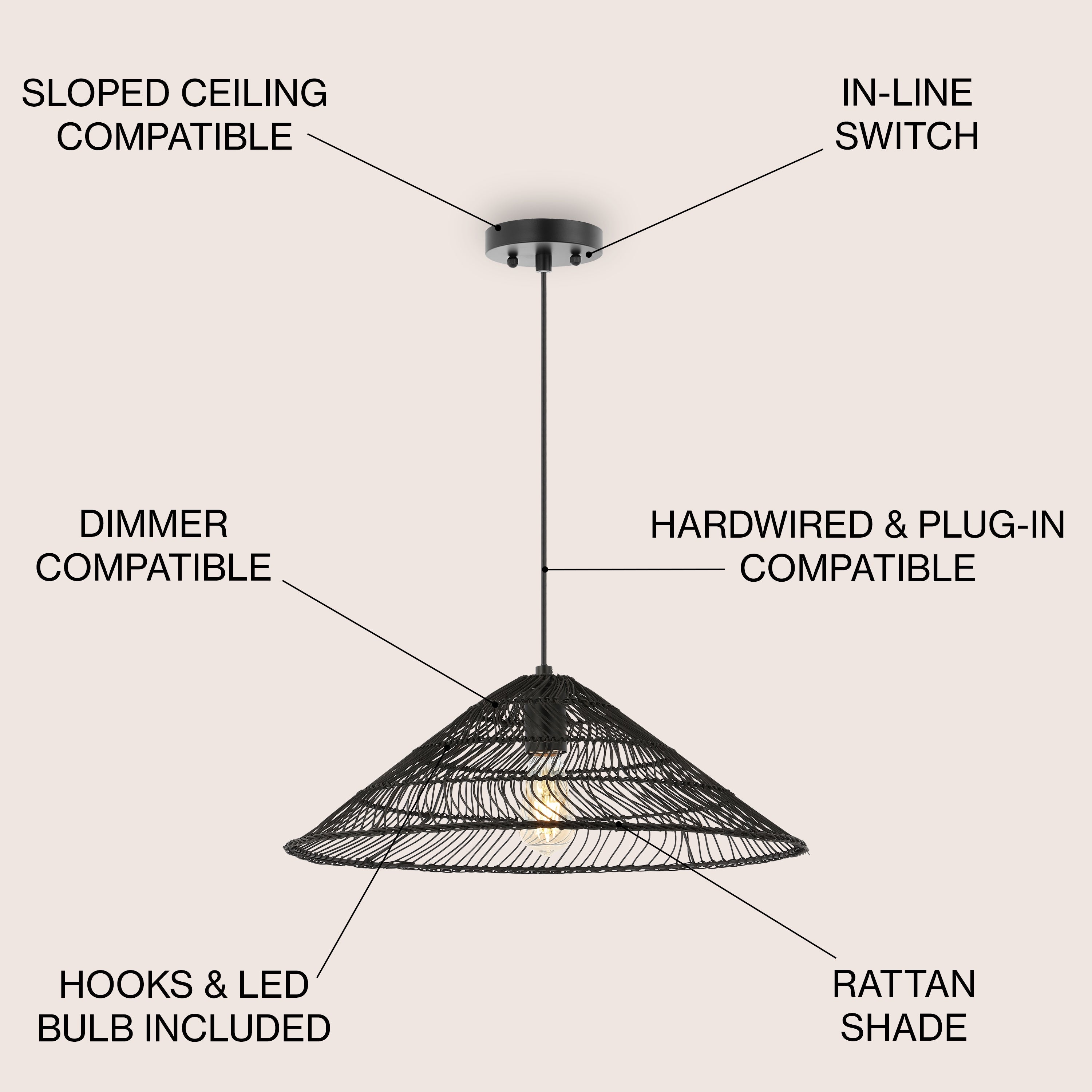 Nova 1-Light Farmhouse Coastal Rattan 180" Cord Plug-In or Hardwired LED Pendant