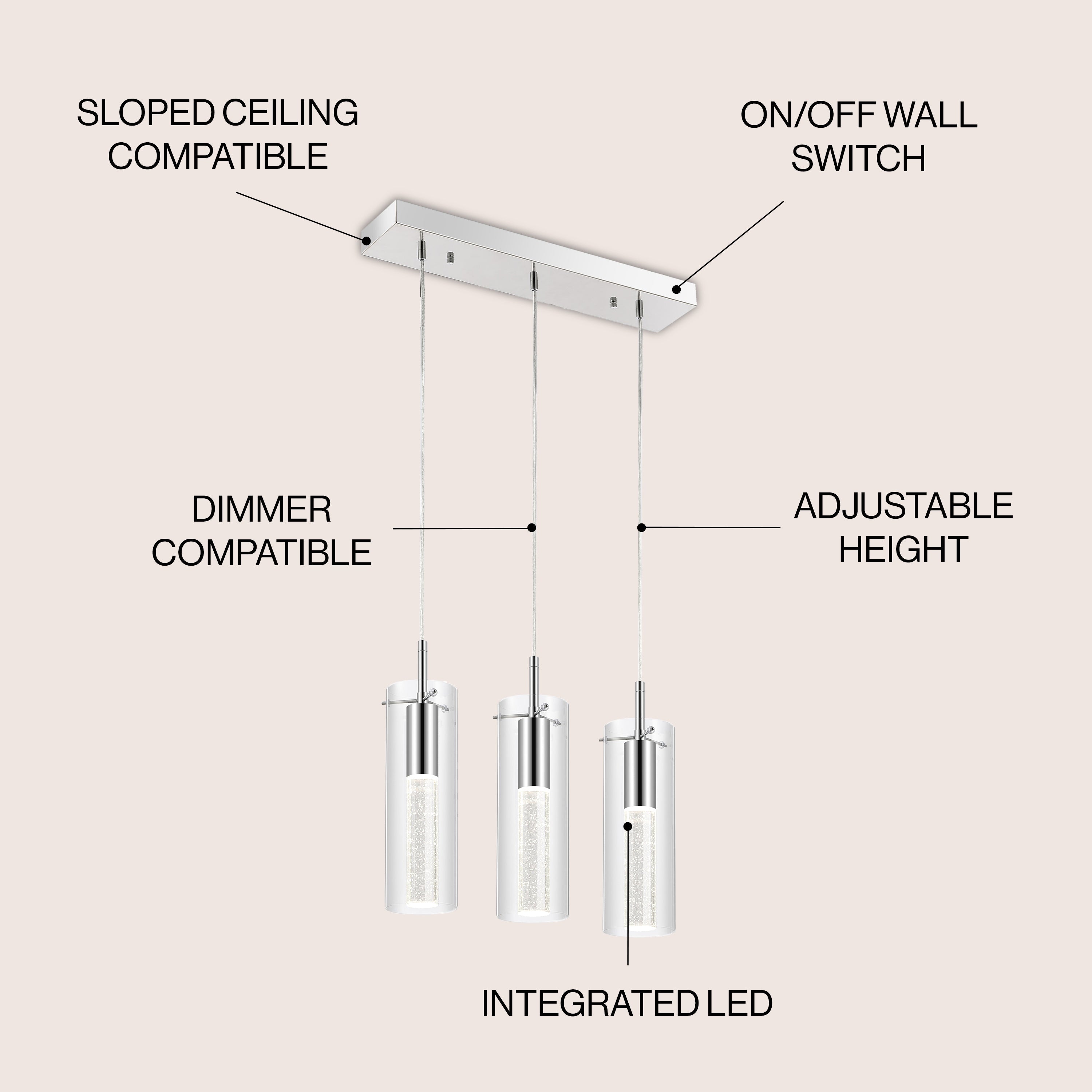 Mium 3-Light Modern Style Iron/Crystal/Glass Integrated LED Linear Pendant
