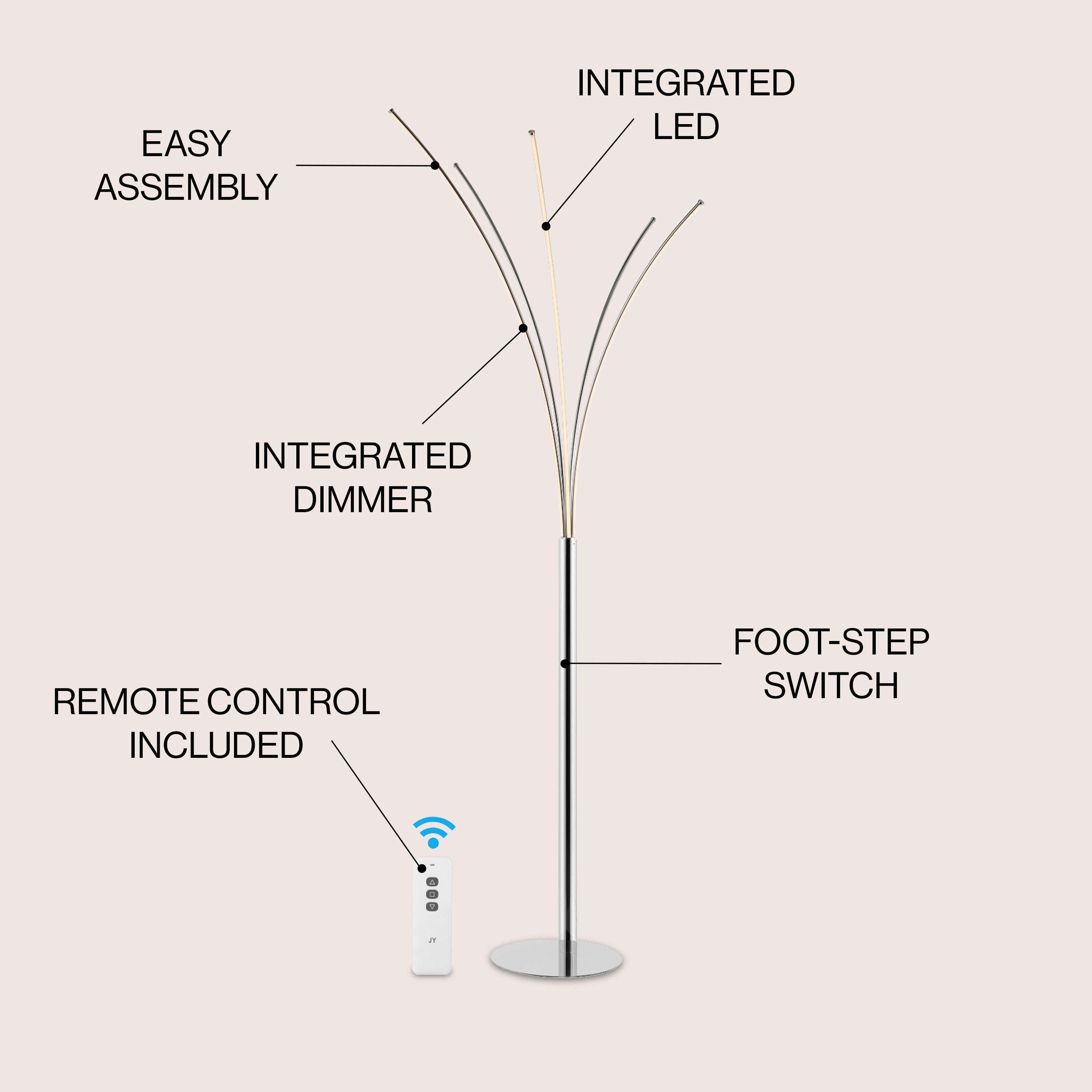 Fuochi Modern Minimalist Metal 5-Branch Arc Dimmable Integrated LED Floor Lamp with Remote Control