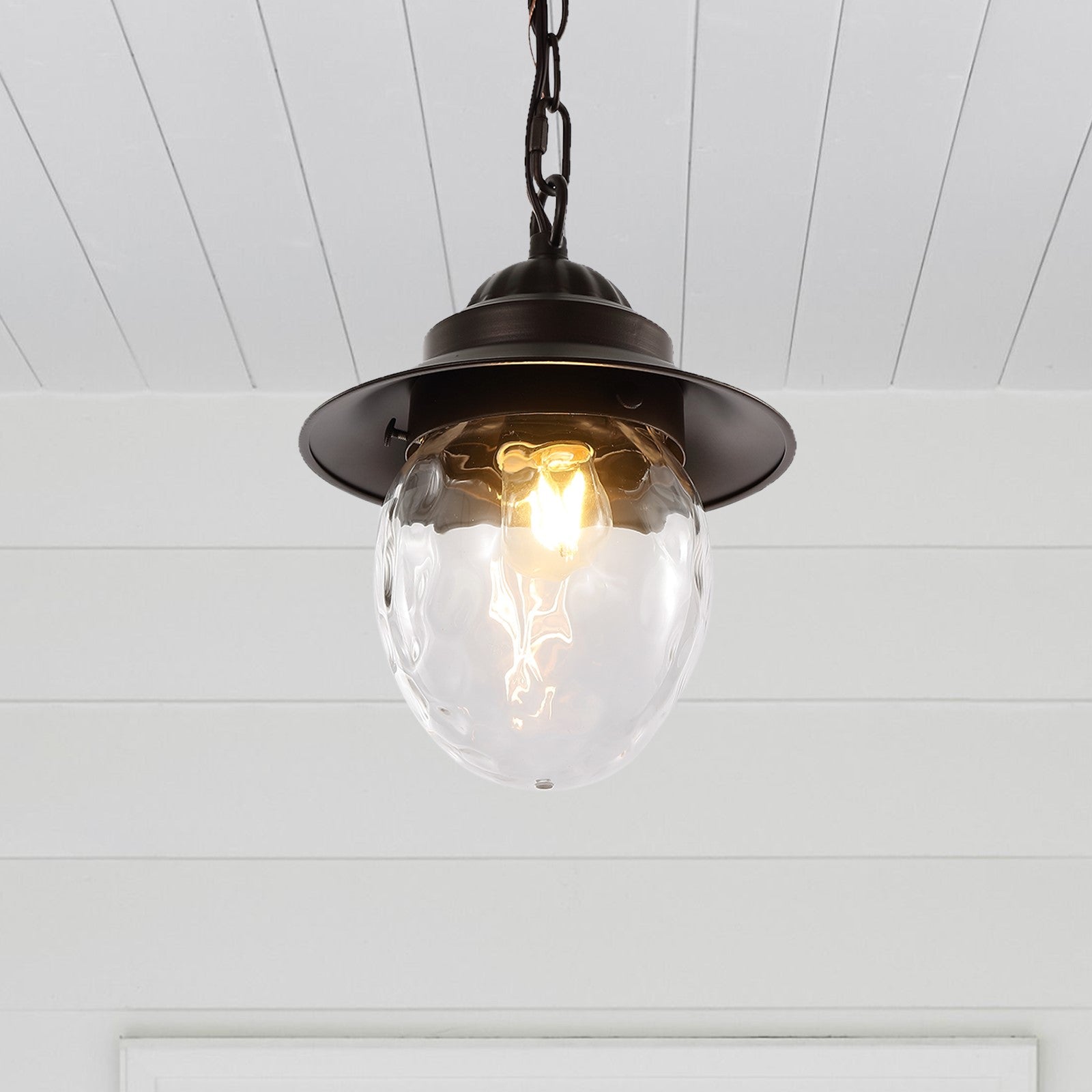 Manteo 1-Light Farmhouse Industrial Iron/Glass Outdoor LED Pendant