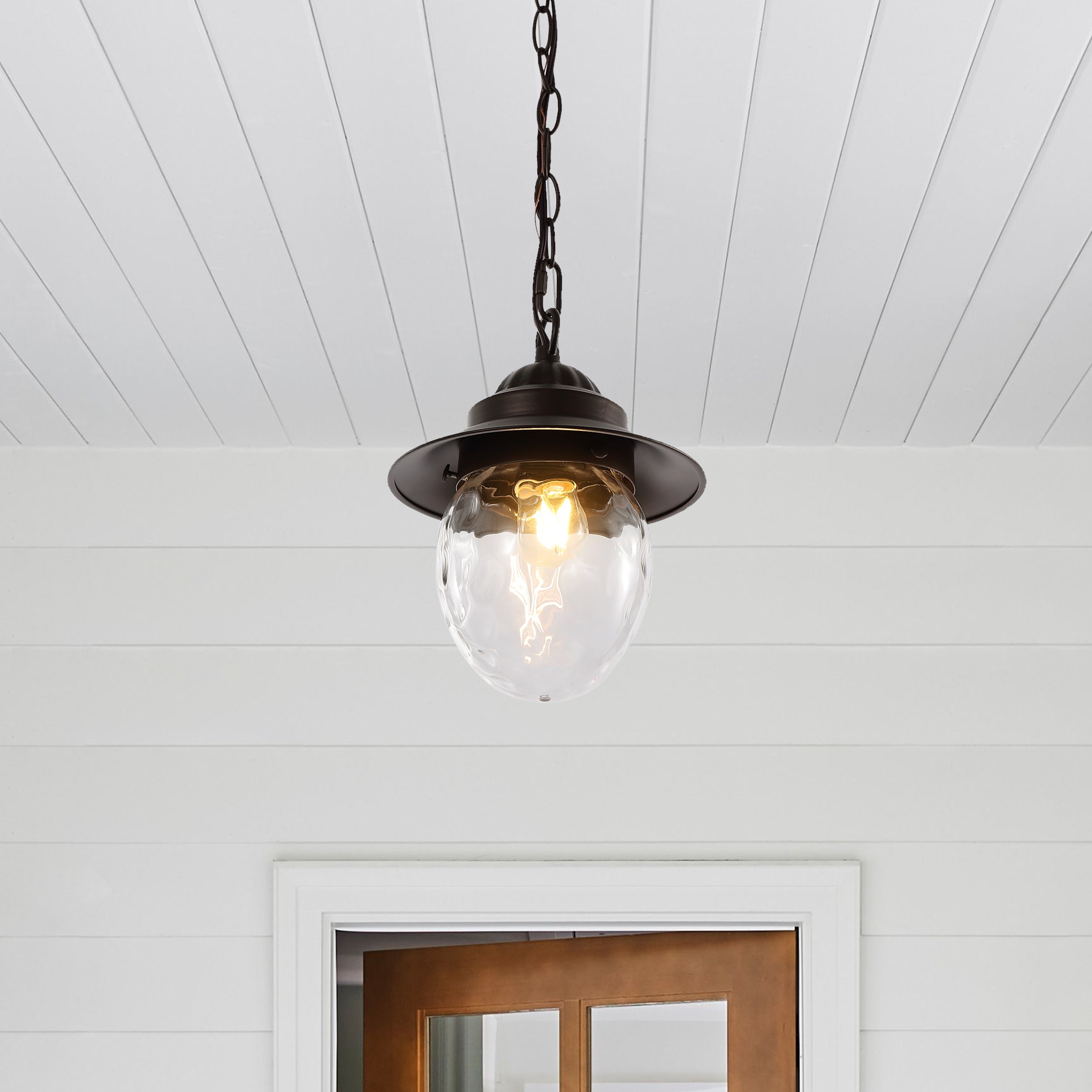 Manteo 1-Light Farmhouse Industrial Iron/Glass Outdoor LED Pendant