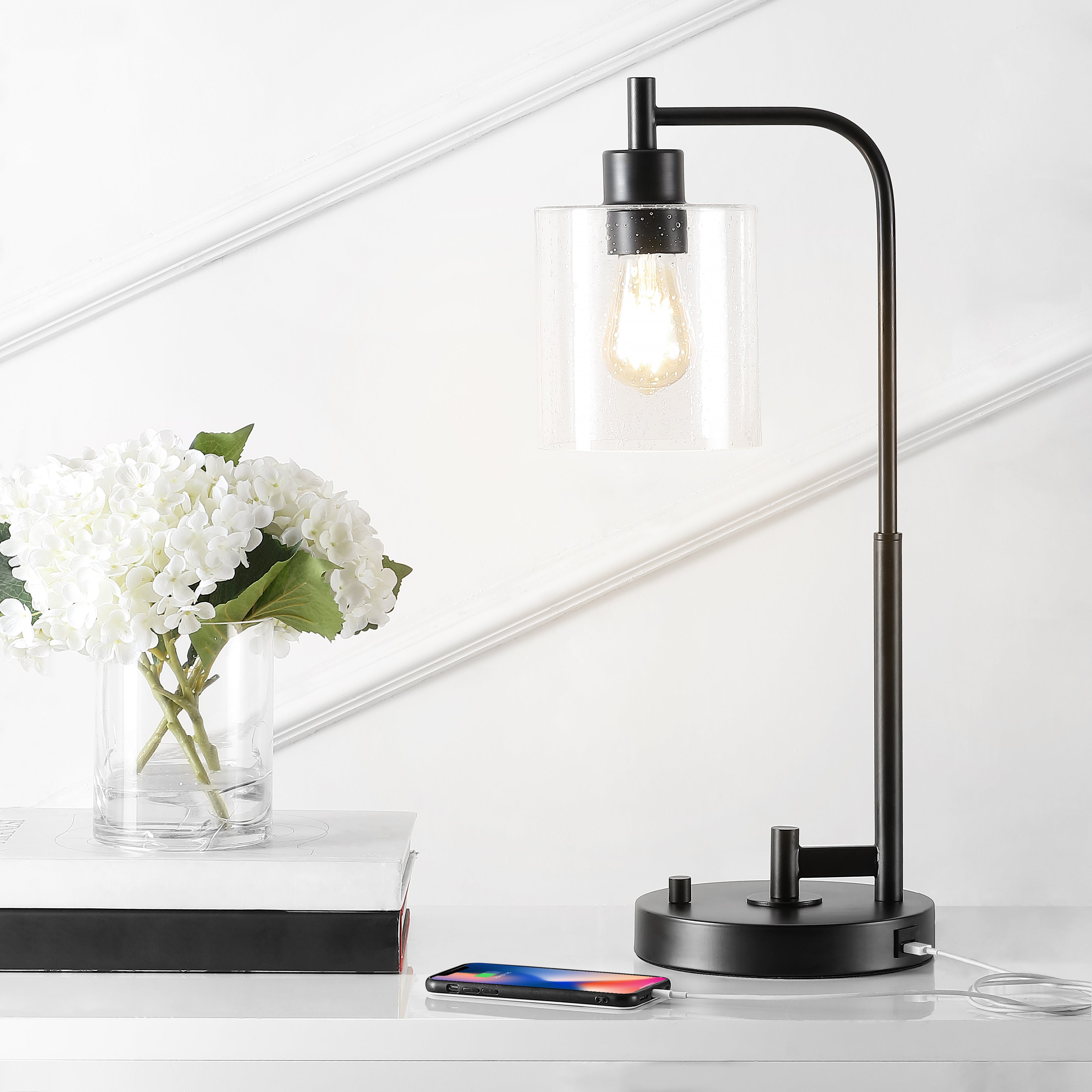 Axel Iron/Seeded Glass Farmhouse Industrial USB Charging LED Task Lamp