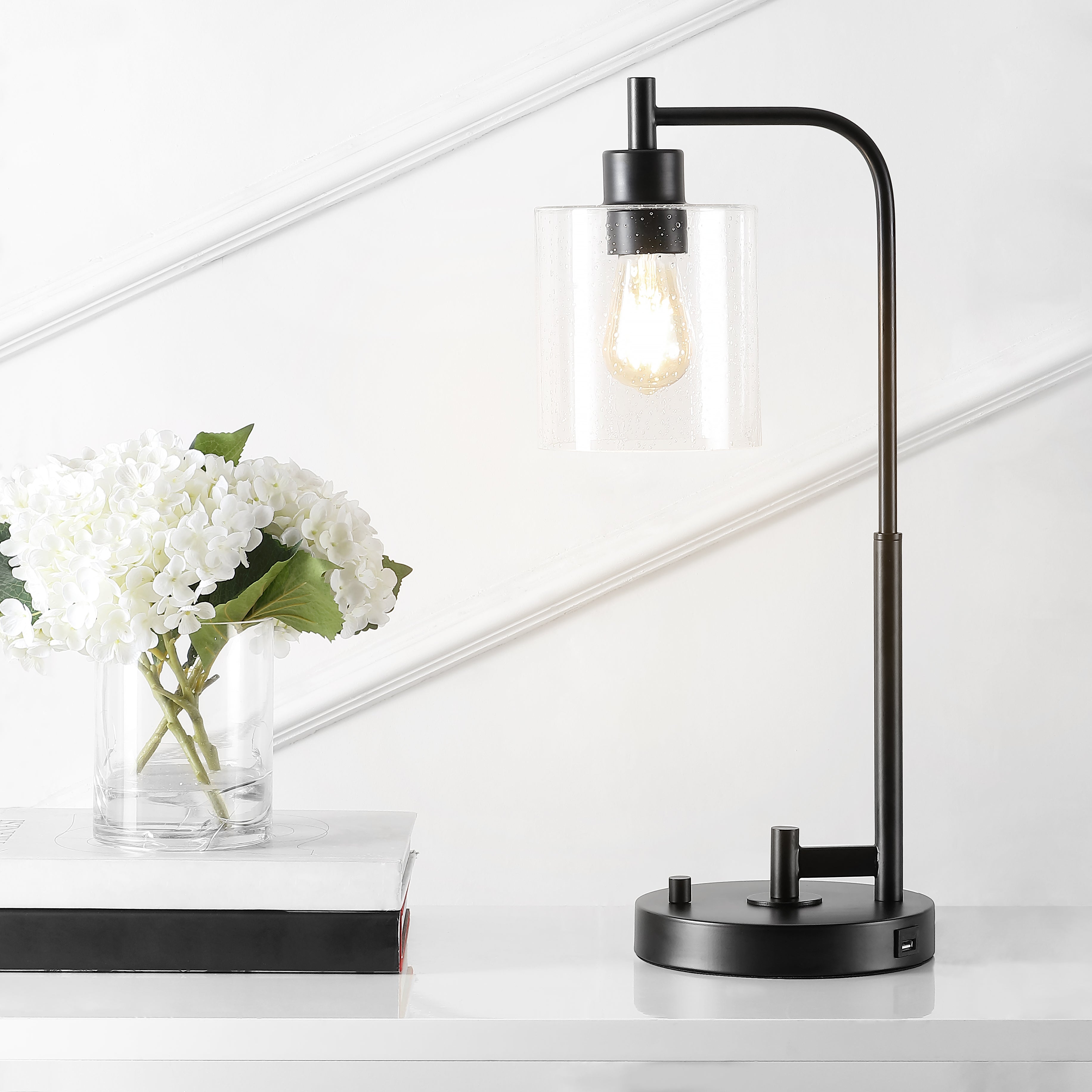 Axel Iron/Seeded Glass Farmhouse Industrial USB Charging LED Task Lamp