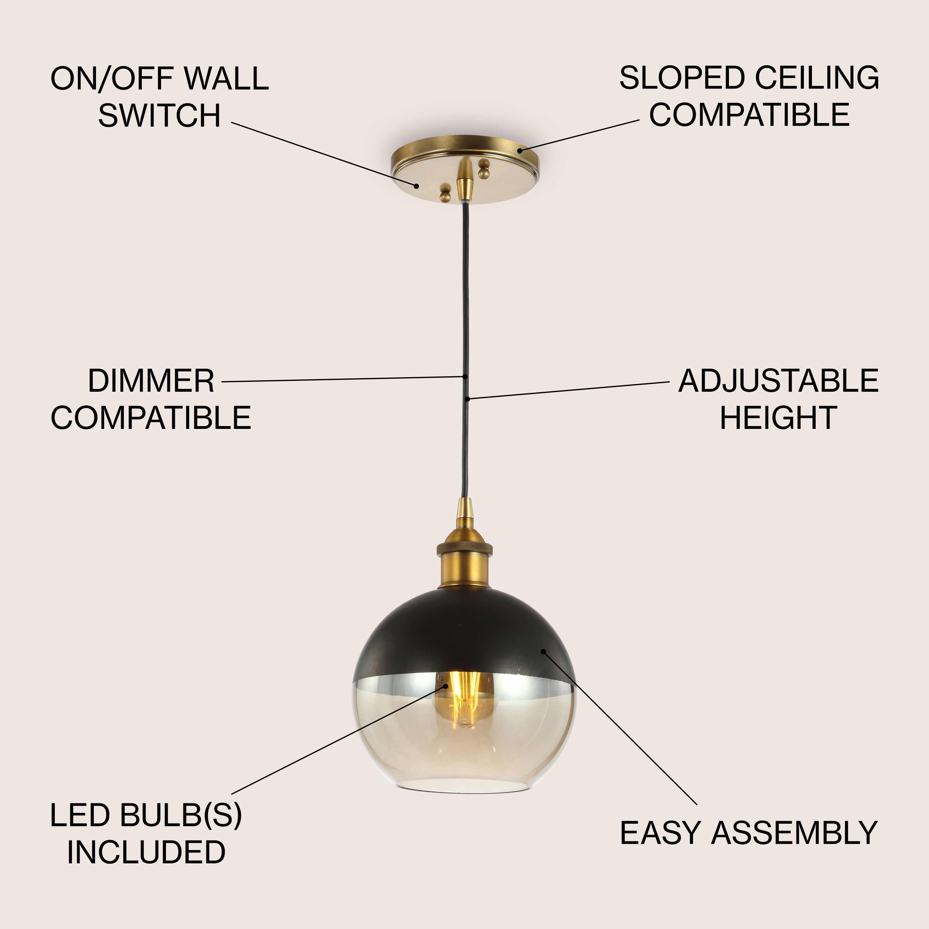 Nixon 1-Light MidCentury Modern Metal/Glass Adjustable Drop Globe LED Pendant