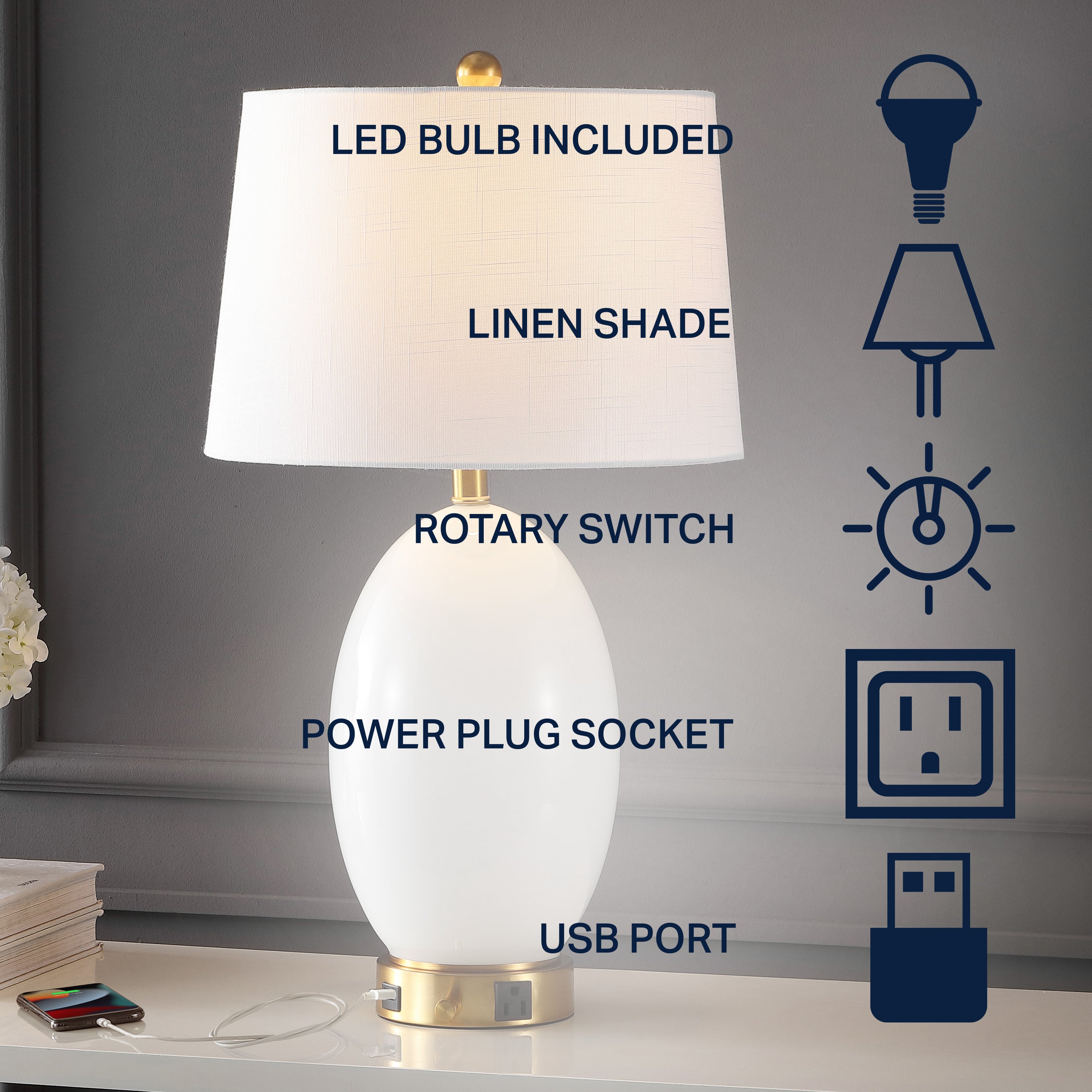 Reese 1-Outlet Contemporary Style Iron/Glass LED Table Lamp with USB Charging Port