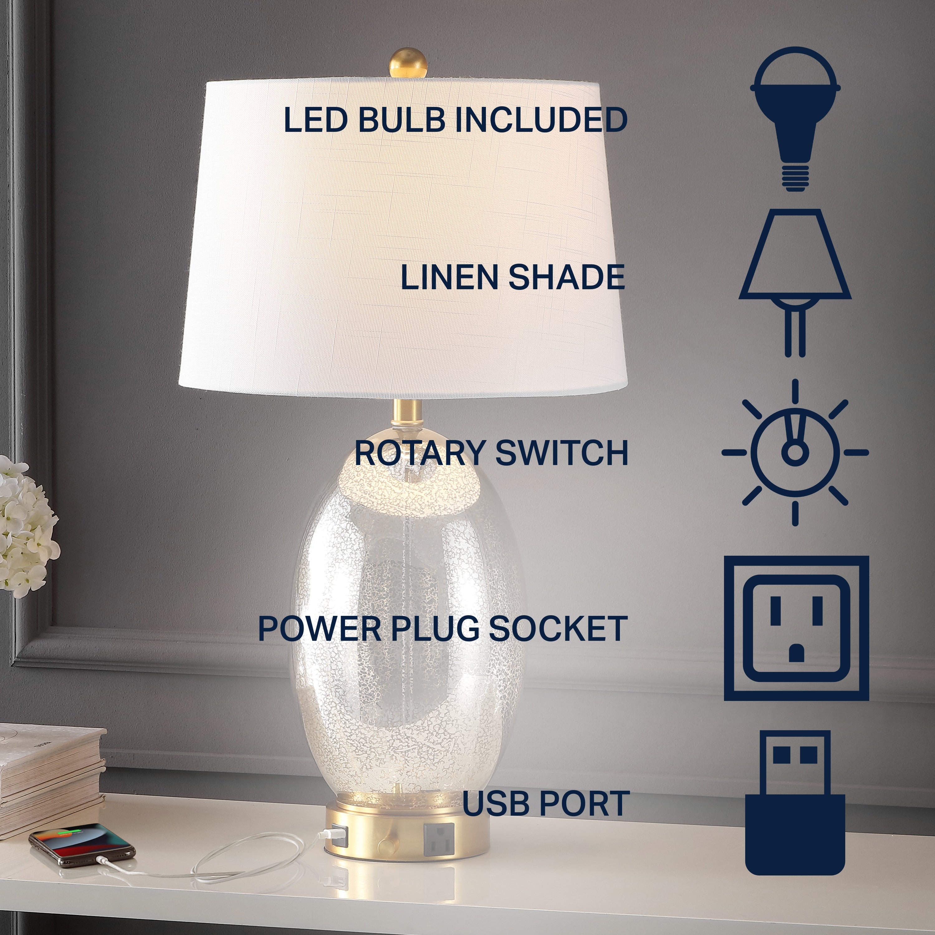 Reese 1-Outlet Contemporary Style Iron/Glass LED Table Lamp with USB Charging Port