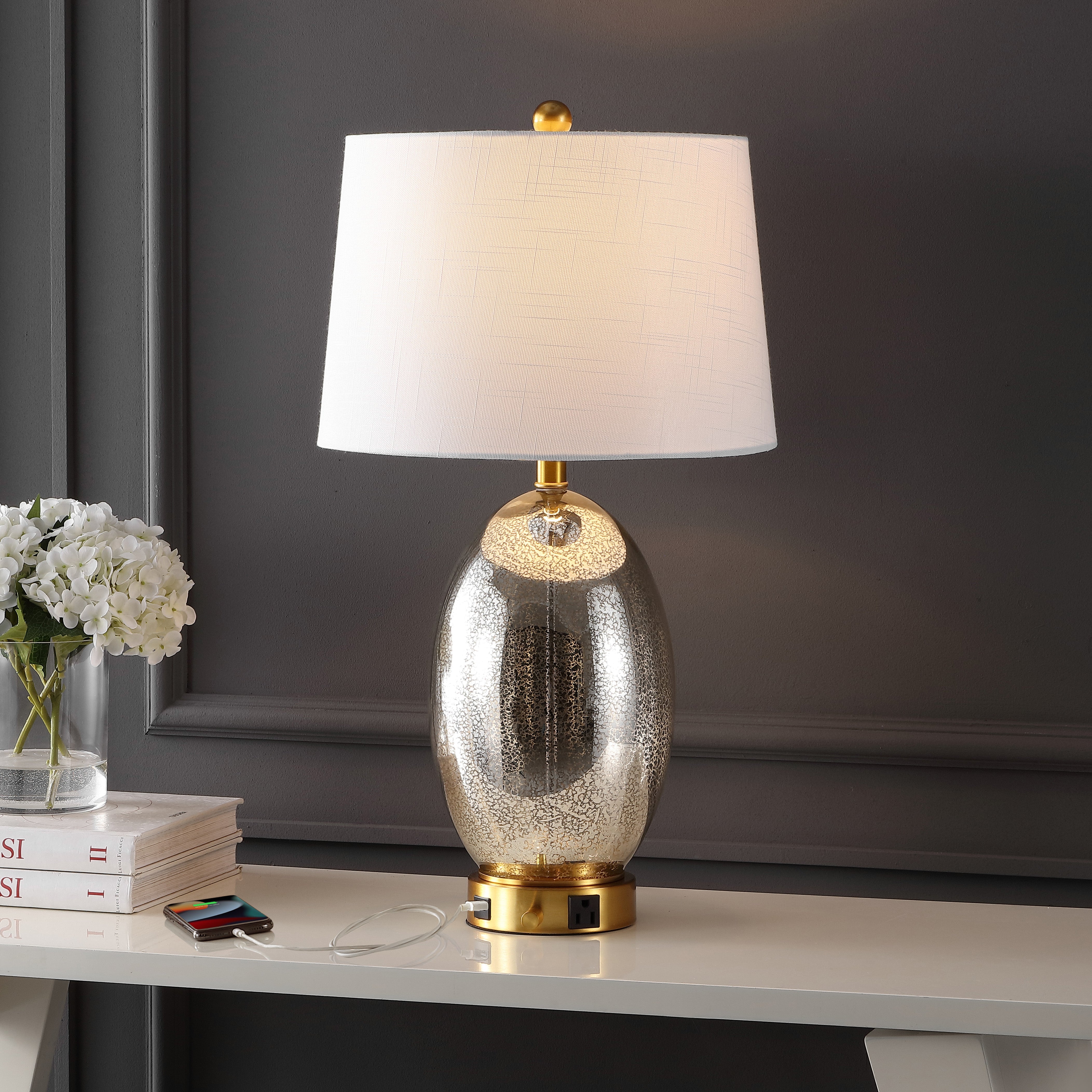 Reese 1-Outlet Contemporary Style Iron/Glass LED Table Lamp with USB Charging Port