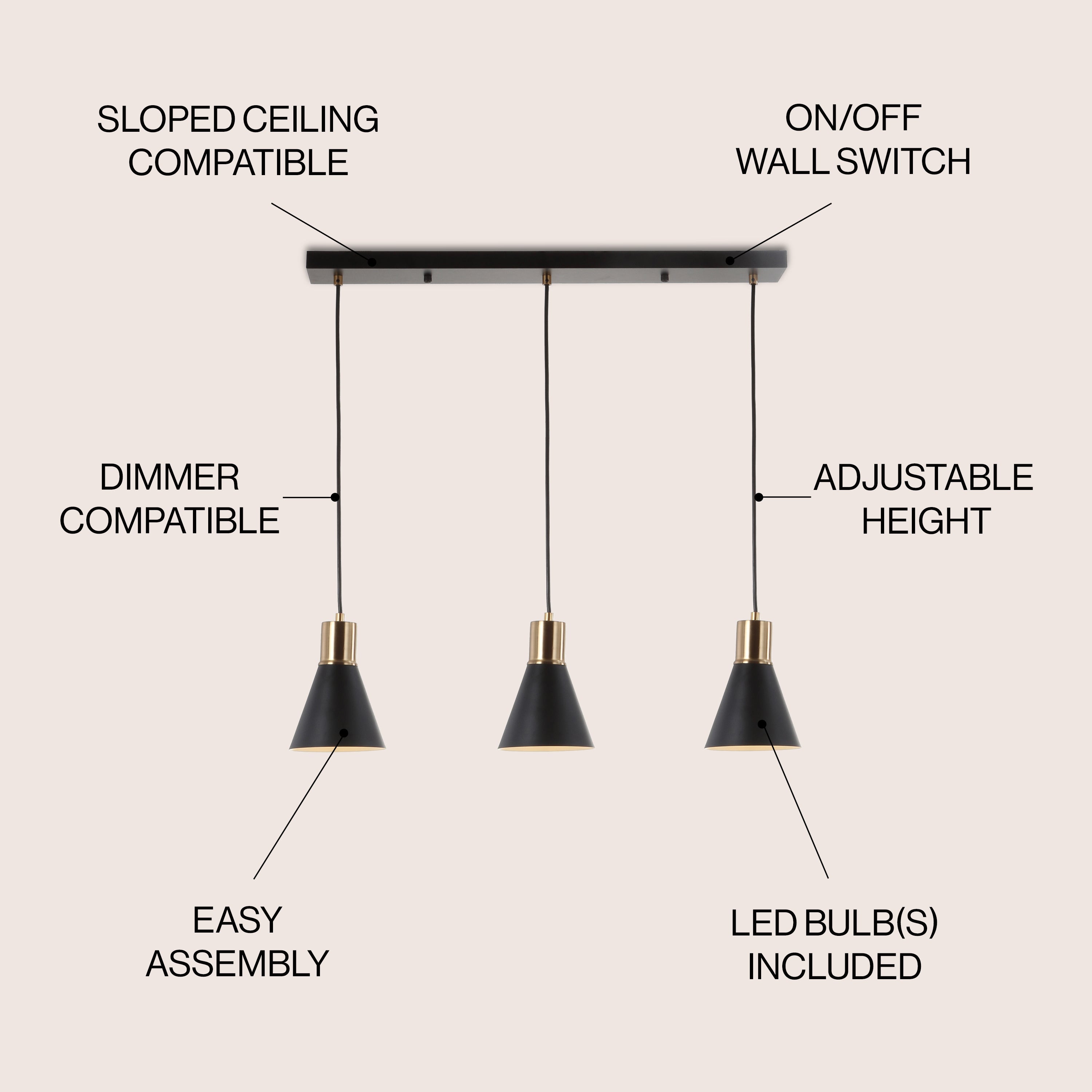 Apollo 3-Light Mid-Century Modern Iron Adjustable Linear LED Pendant
