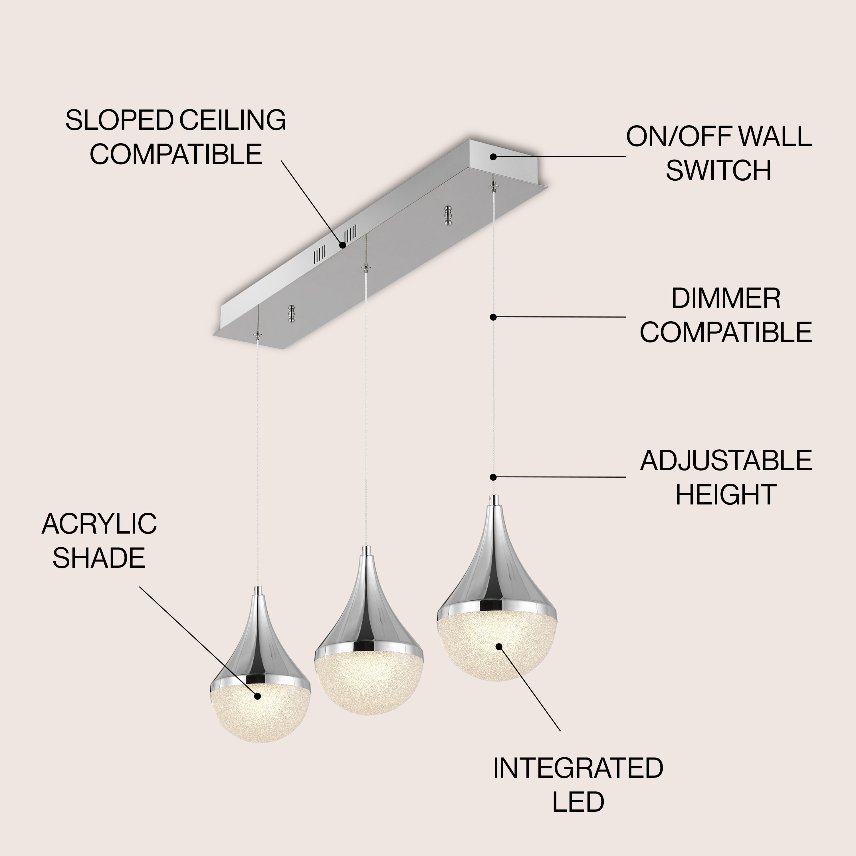 Elyse 3-Light Modern Mid-Century Iron/Acrylic Integrated Linear LED Pendant