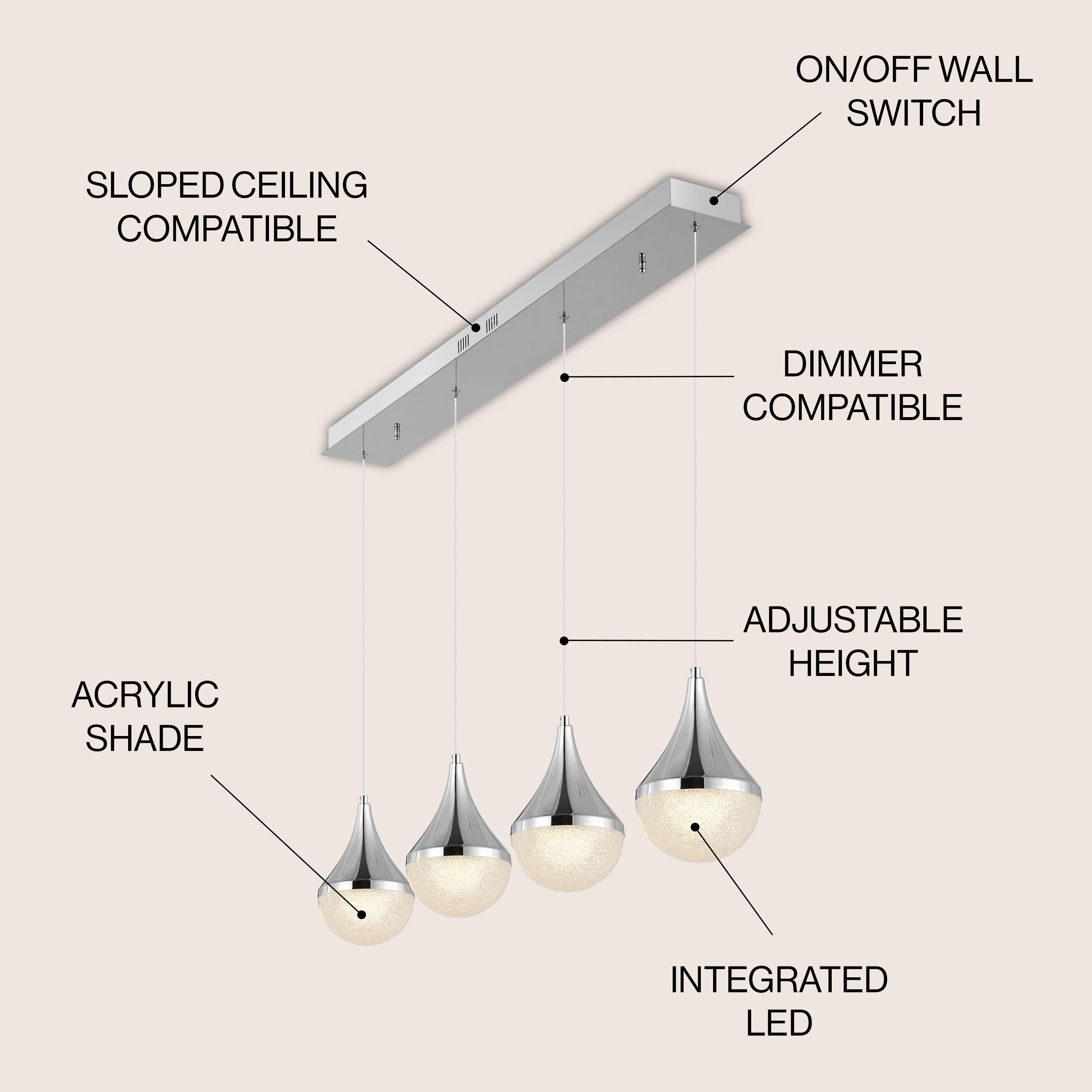 Elena 4-Light Modern Mid-Century Iron/Acrylic Integrated Linear LED Pendant