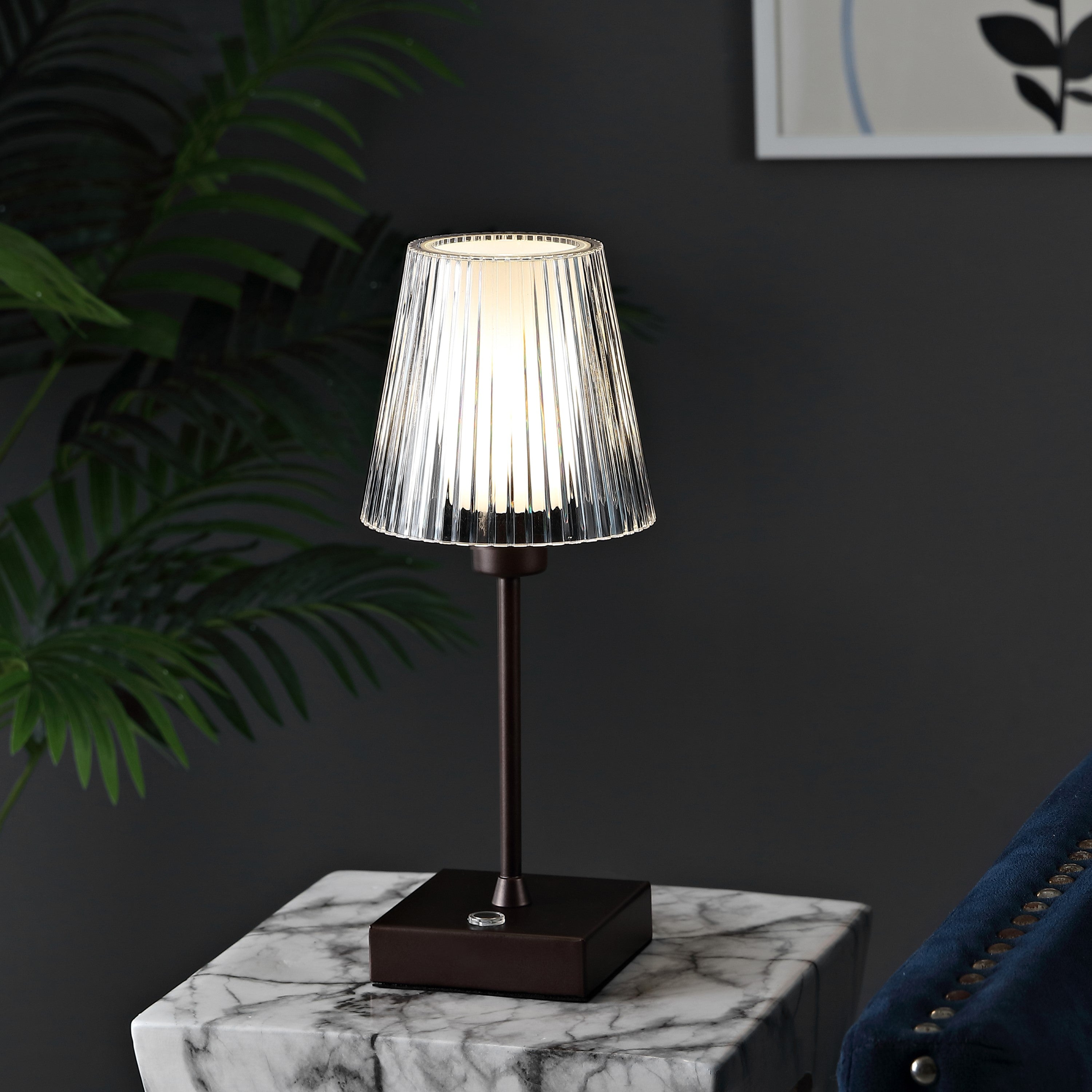 Oscar Modern Industrial Rechargeable/Cordless Iron/Acrylic Integrated Portable LED Table Lamp with Ribbed Shade