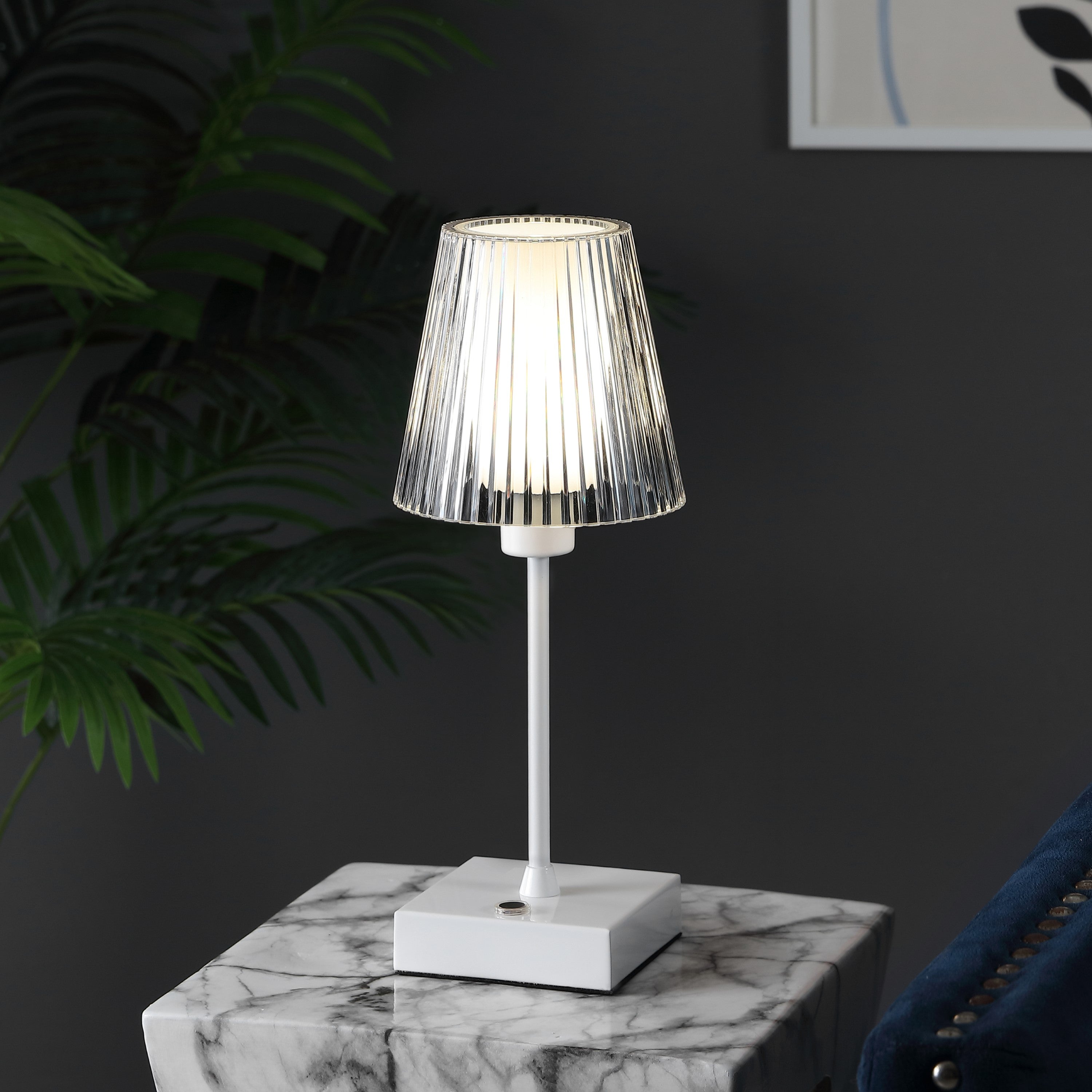 Oscar Modern Industrial Rechargeable/Cordless Iron/Acrylic Integrated Portable LED Table Lamp with Ribbed Shade