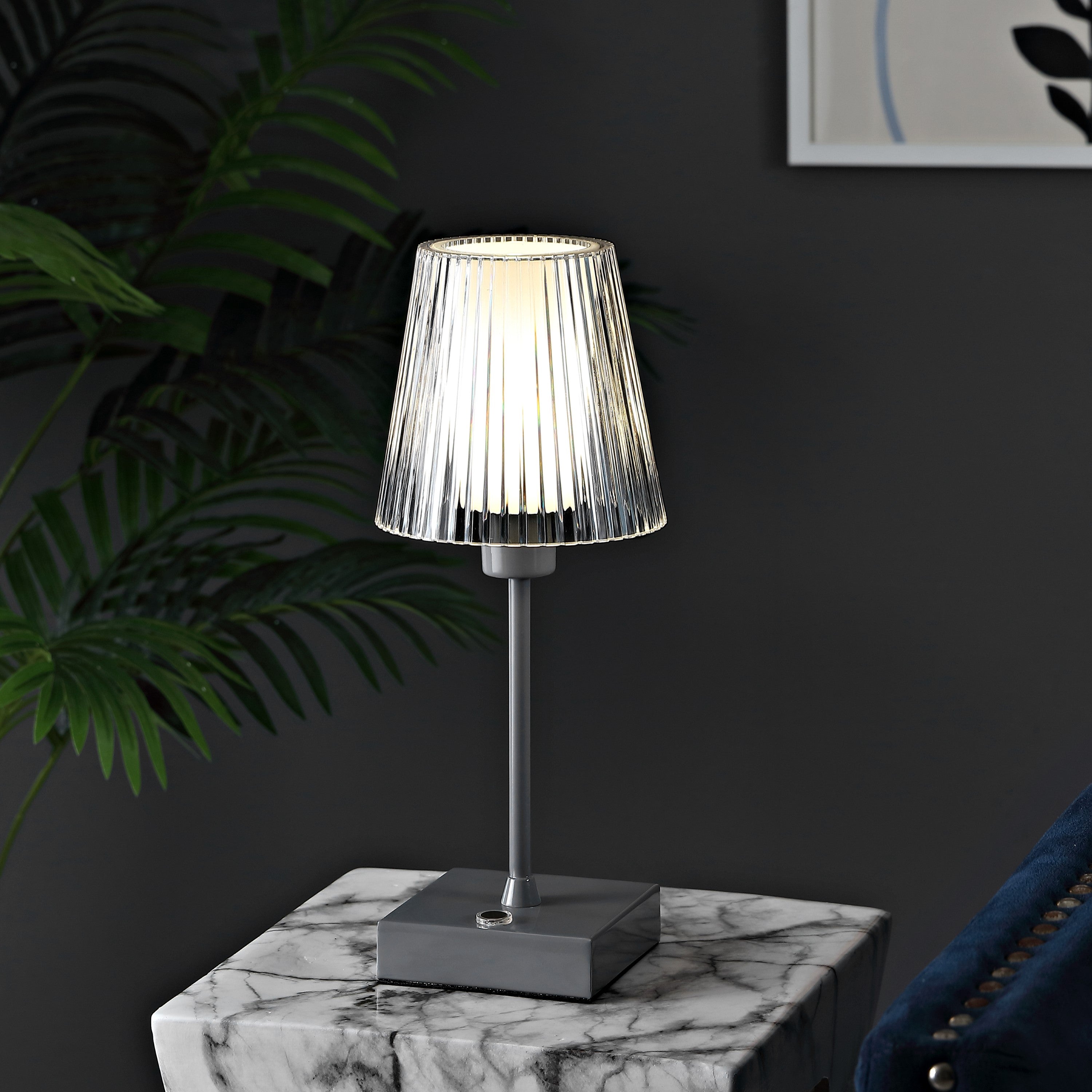 Oscar Modern Industrial Rechargeable/Cordless Iron/Acrylic Integrated Portable LED Table Lamp with Ribbed Shade