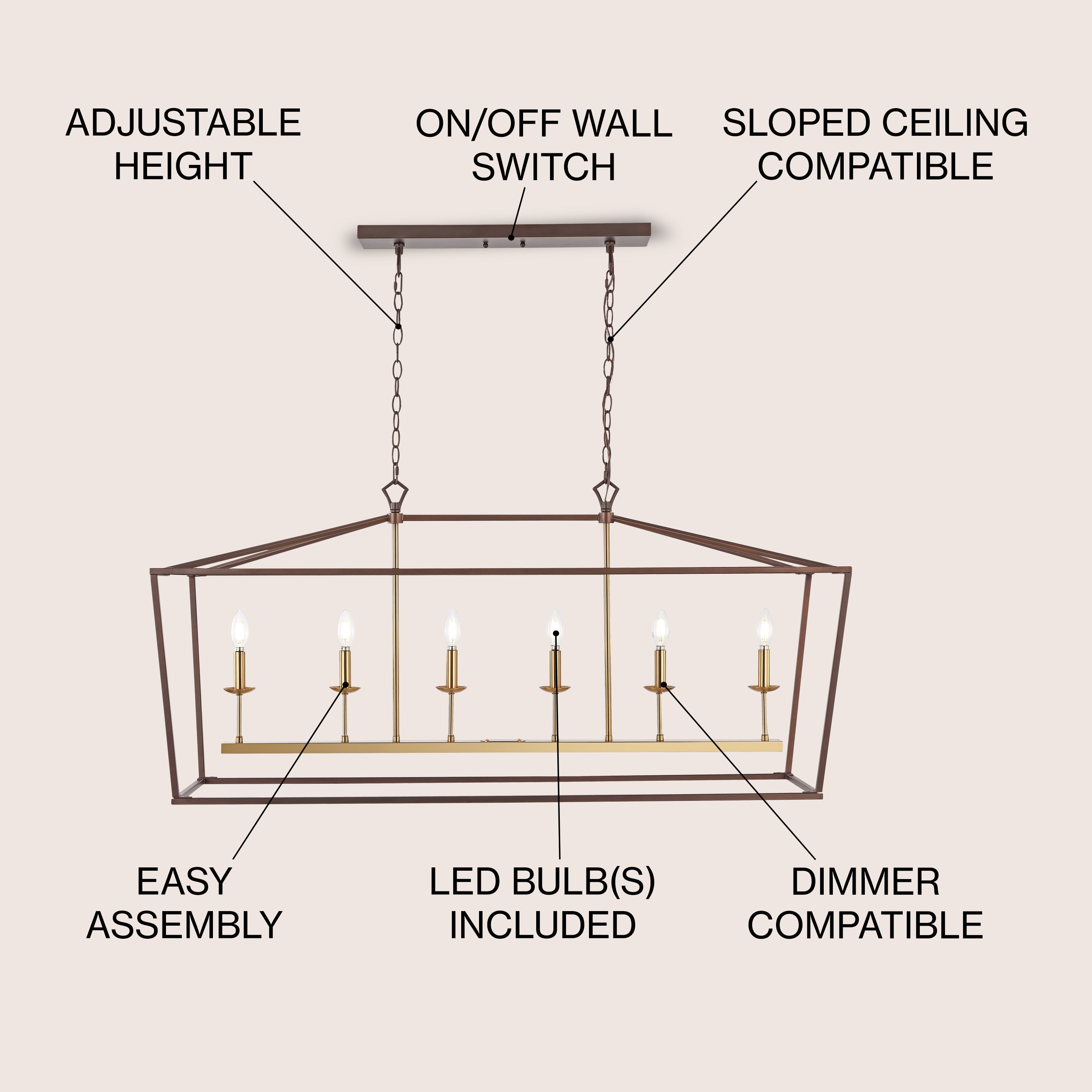 Pagoda Linear 6-Bulb Classic Traditional Metal LED Pendant