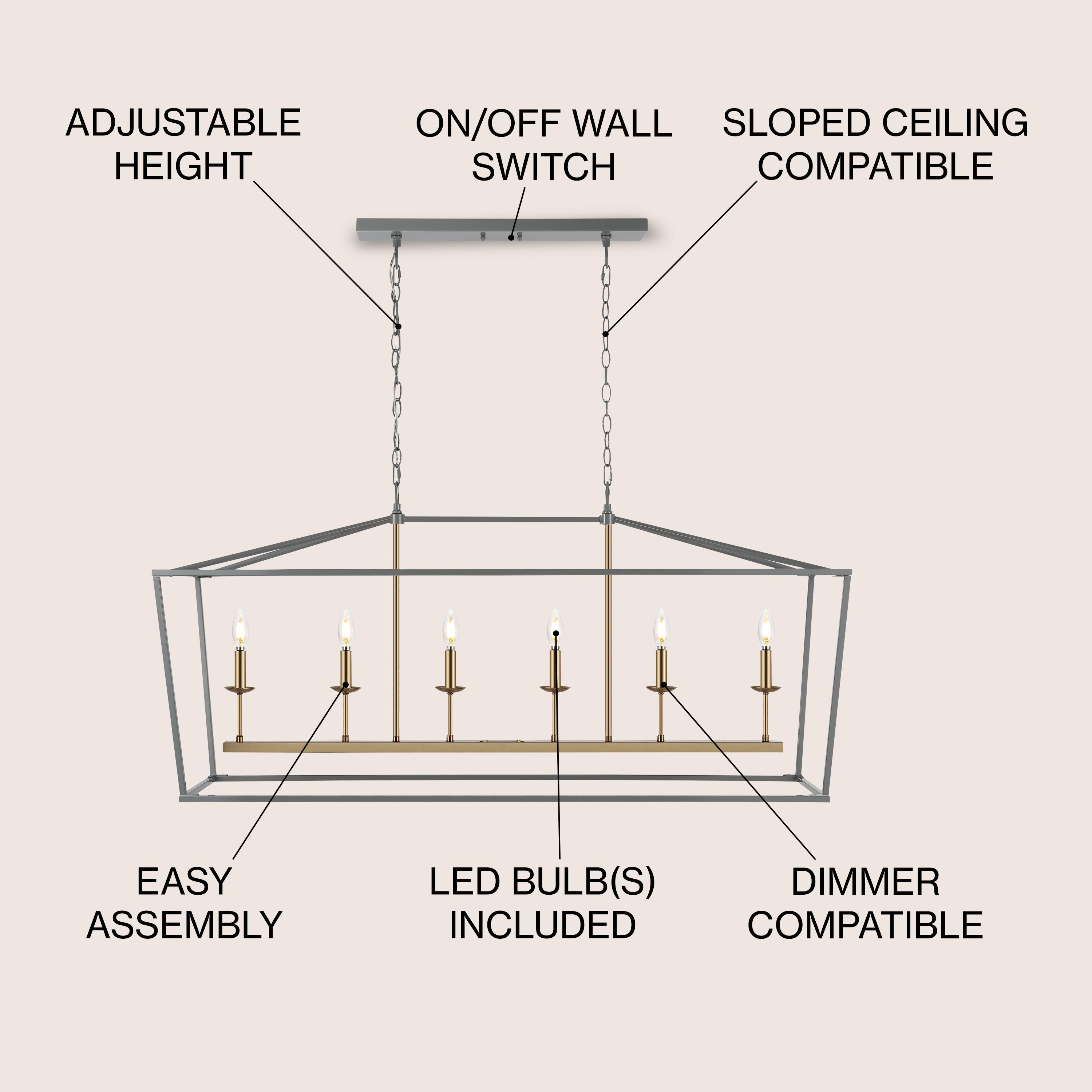 Pagoda Linear 6-Bulb Classic Traditional Metal LED Pendant