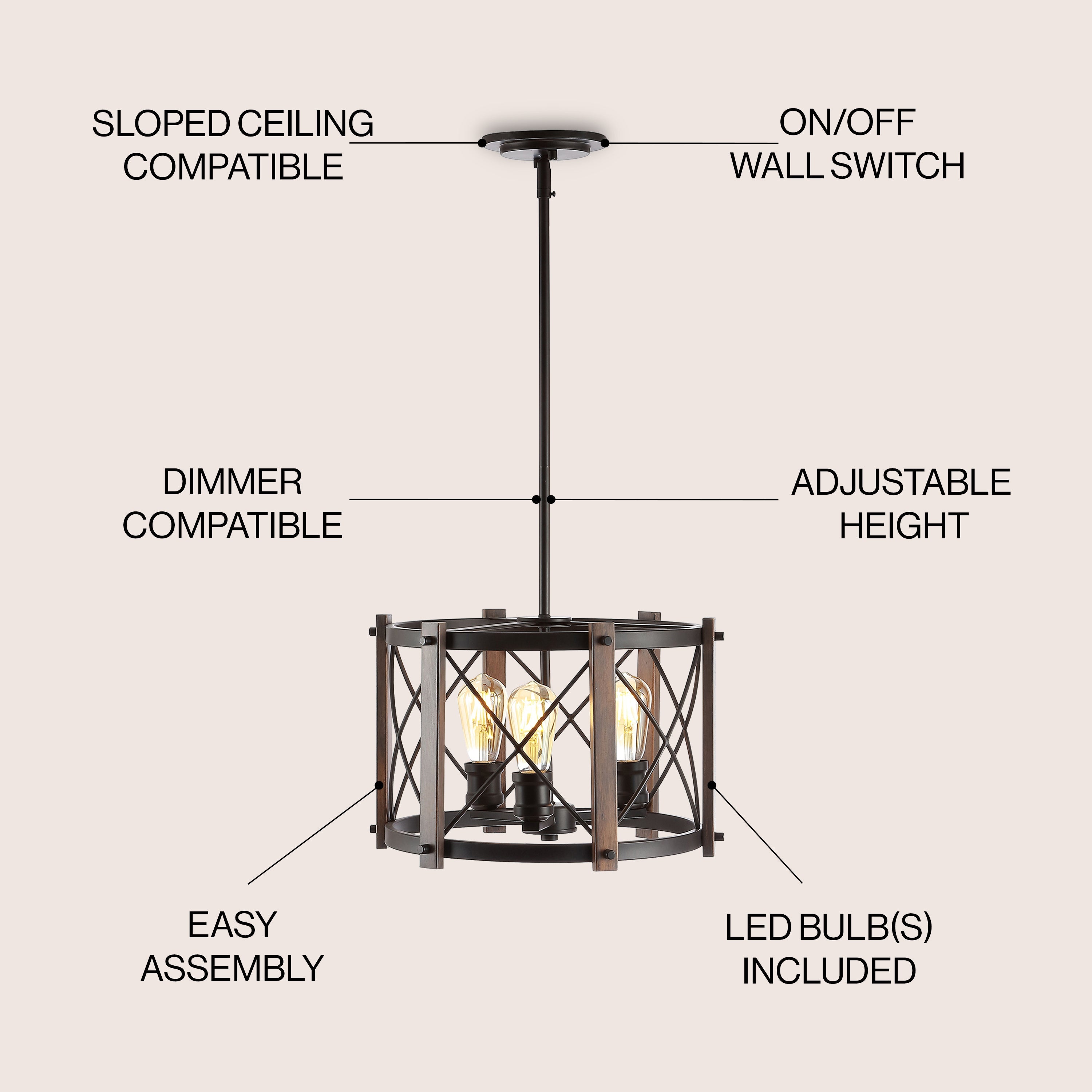 Ferme 3-Light Adjustable Iron Rustic Farmhouse LED Pendant