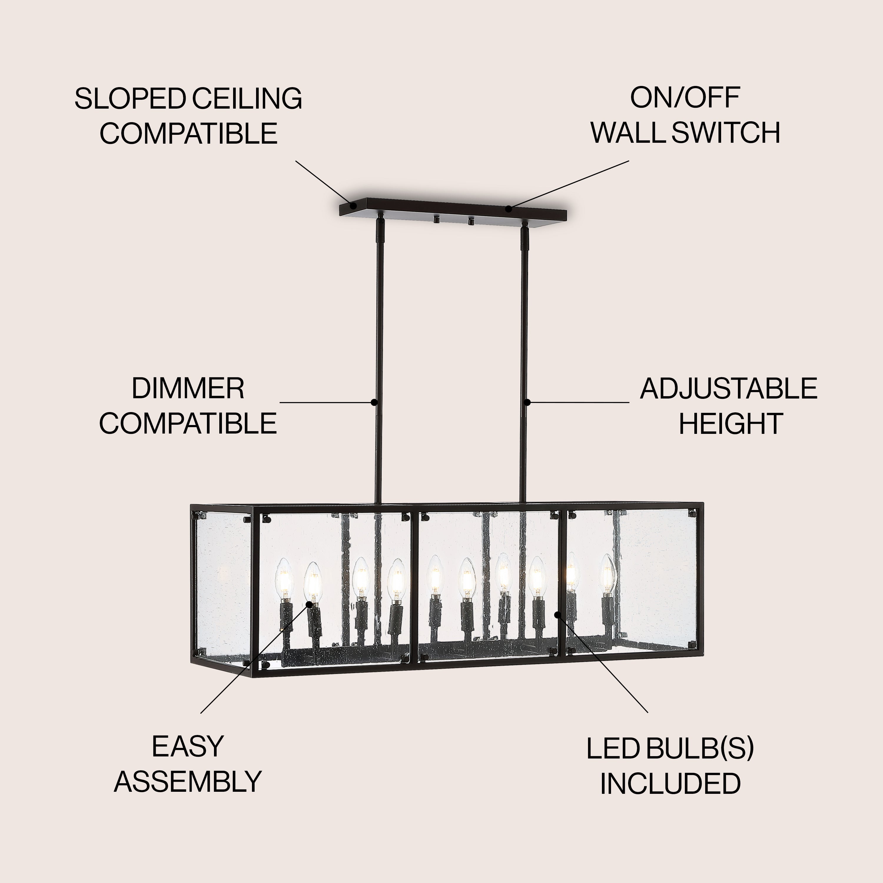 Paysan Linear 10-Light Adjustable Iron/Seeded Glass Rustic Farmhouse LED Pendant