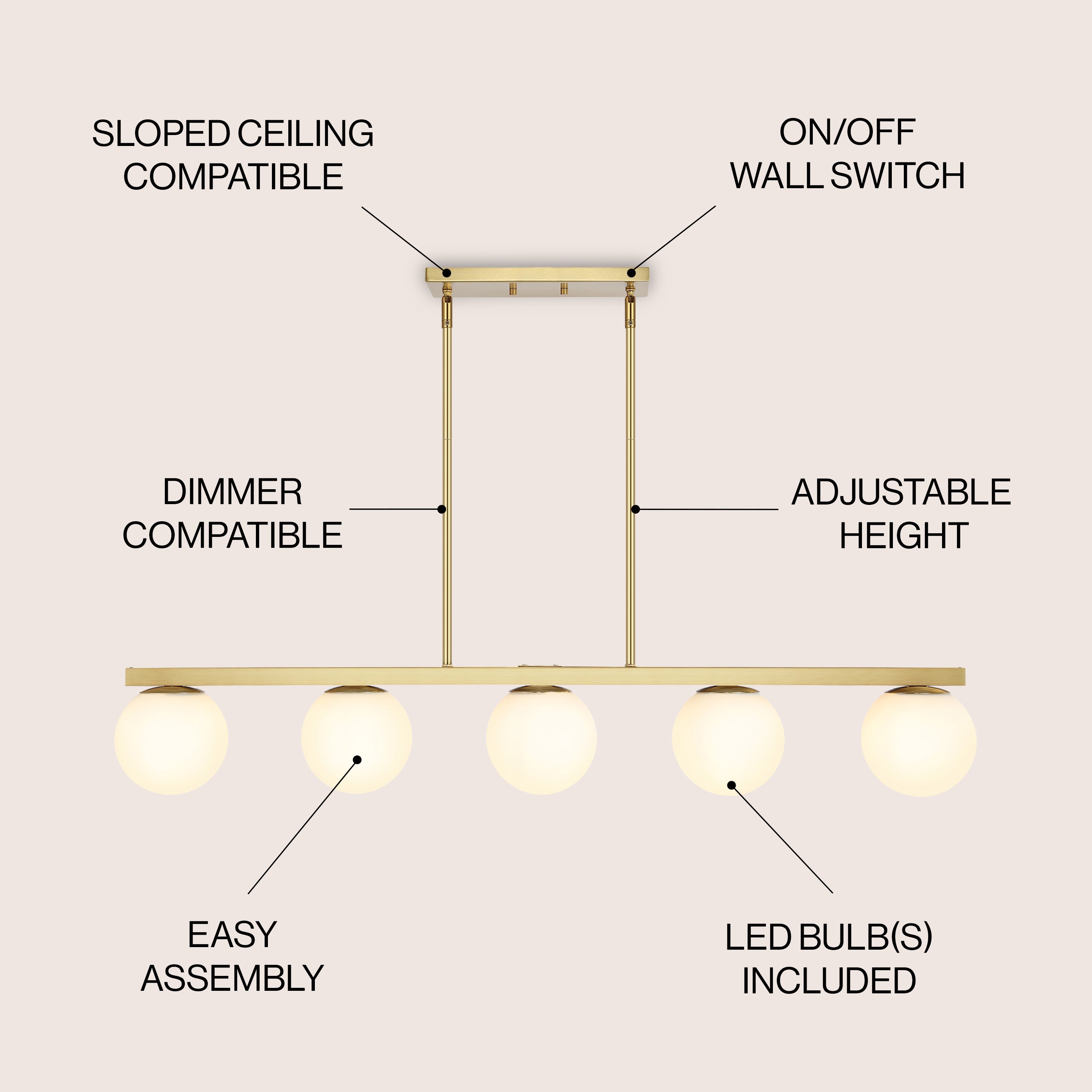 Luca 5-Light Modern Glam Iron Globe Linear LED Pendant