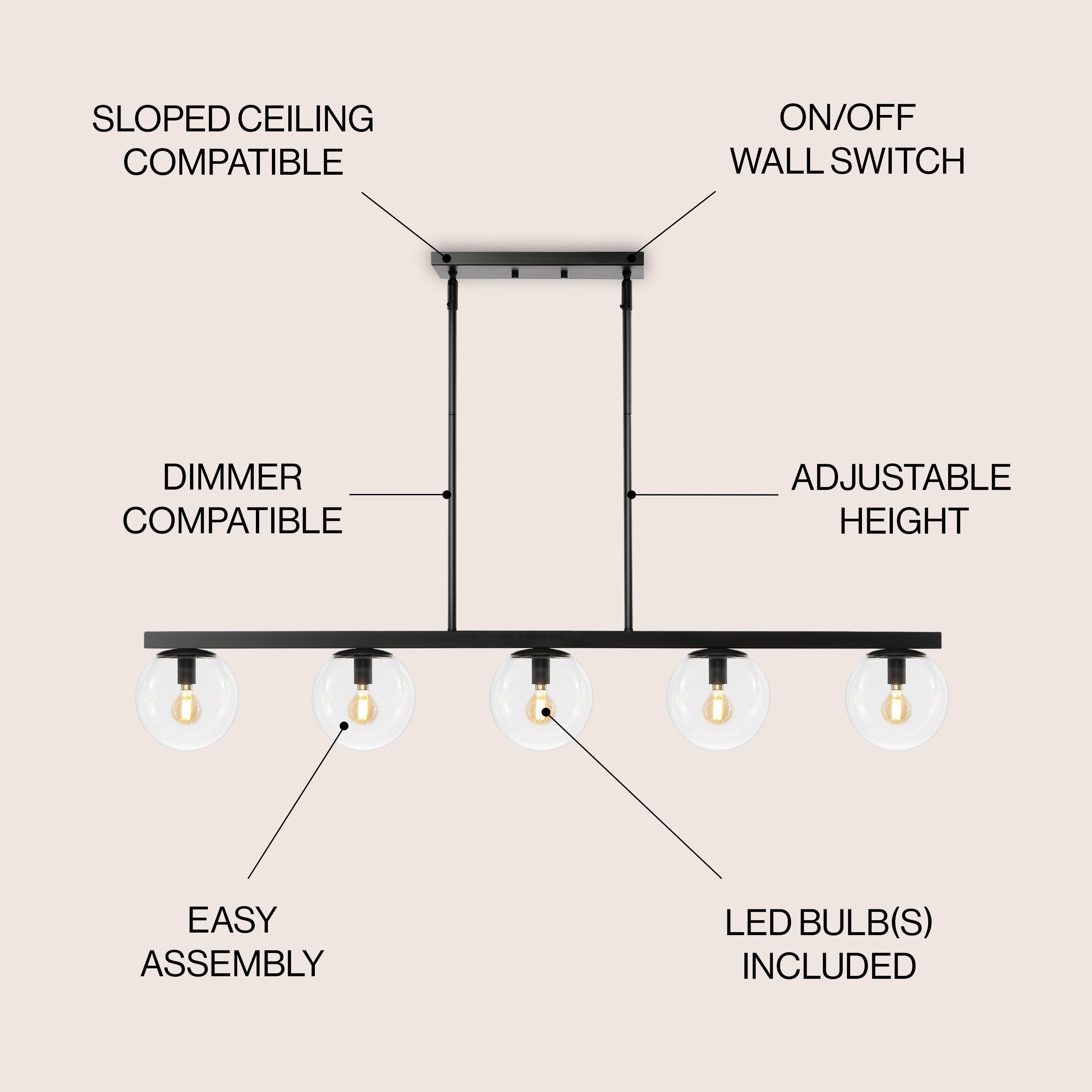 Luca 5-Light Modern Glam Iron Globe Linear LED Pendant