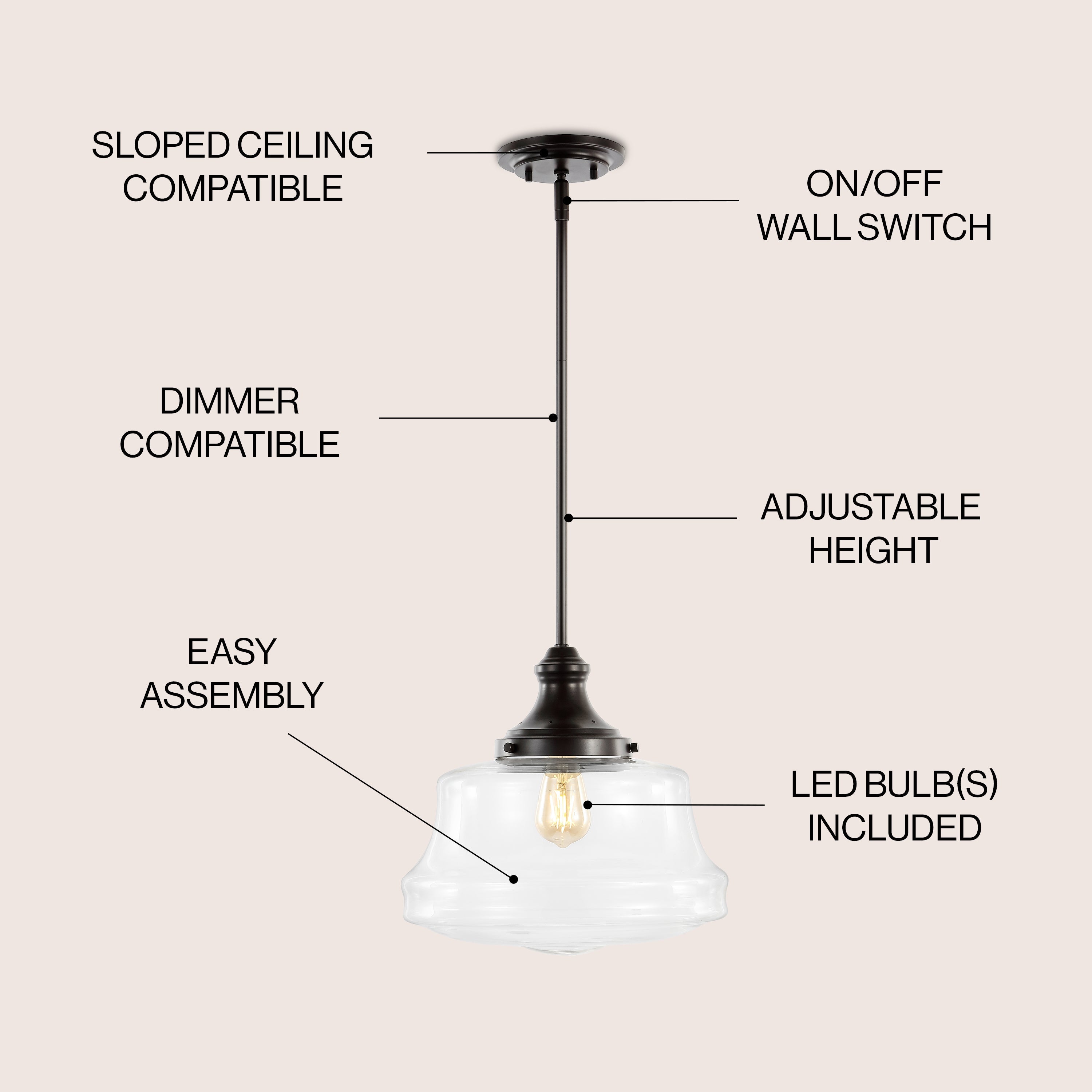 Schoolhouse 1-Light Bohemian Farmhouse Iron/Glass LED Pendant