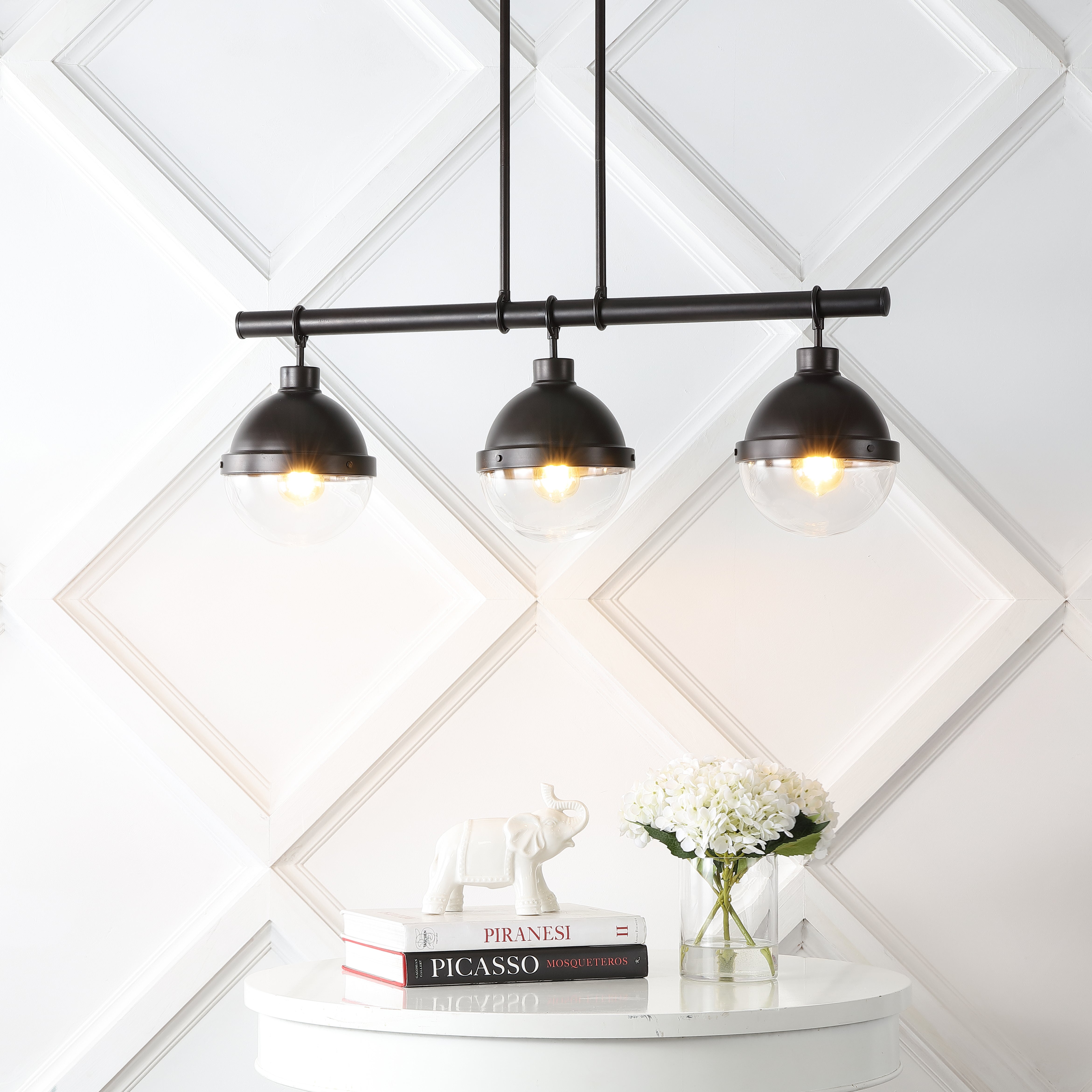 Caleb 3-Light Industrial Farmhouse Iron/Glass Linear LED Pendant