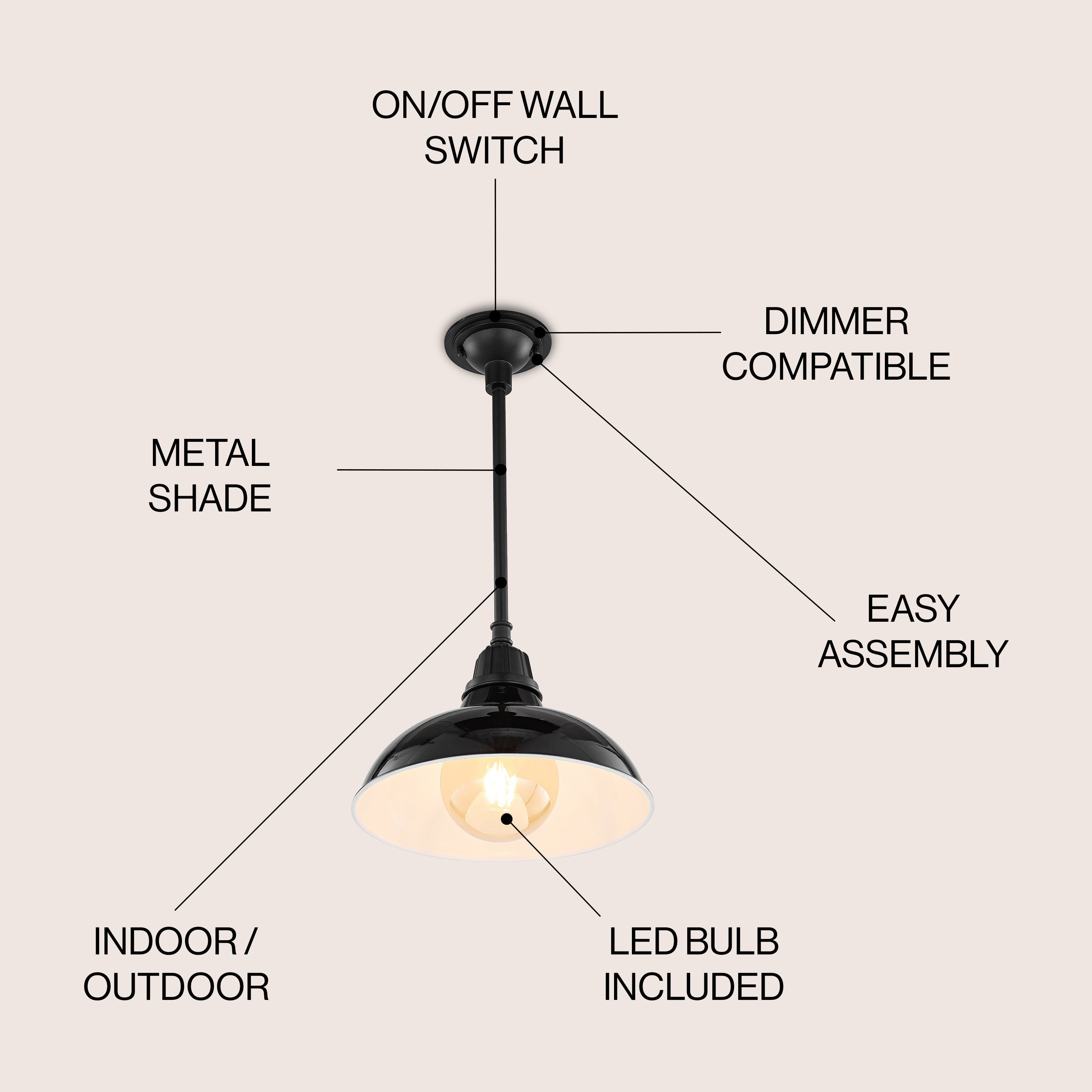 Jasper 1-Light Farmhouse Industrial Indoor/Outdoor Iron LED Pendant