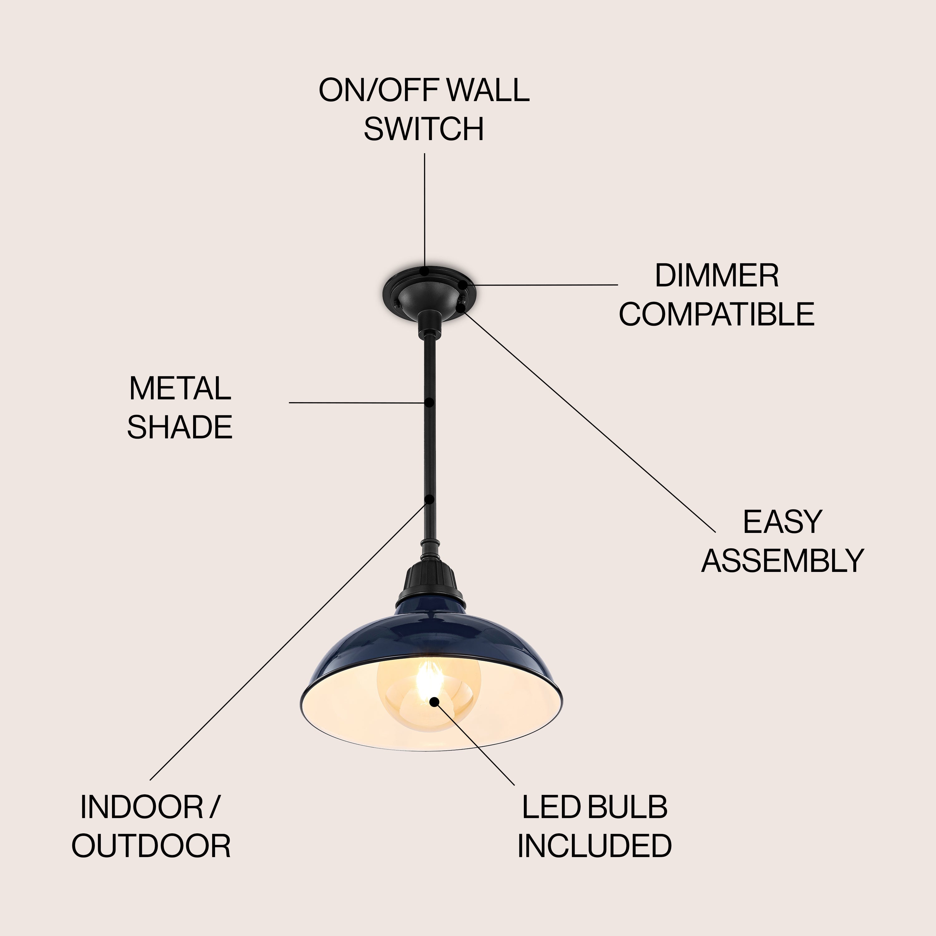 Jasper 1-Light Farmhouse Industrial Indoor/Outdoor Iron LED Pendant