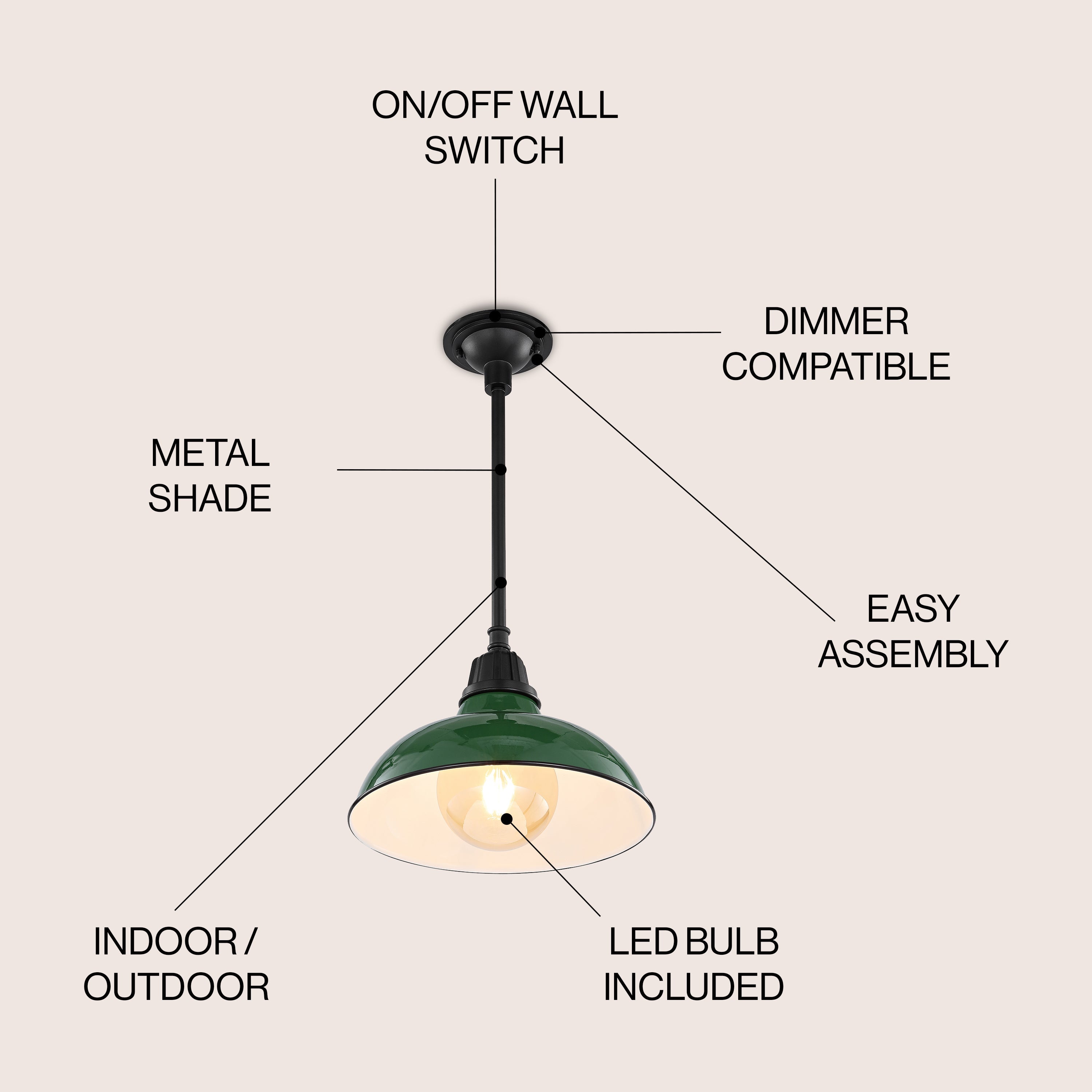 Jasper 1-Light Farmhouse Industrial Indoor/Outdoor Iron LED Pendant